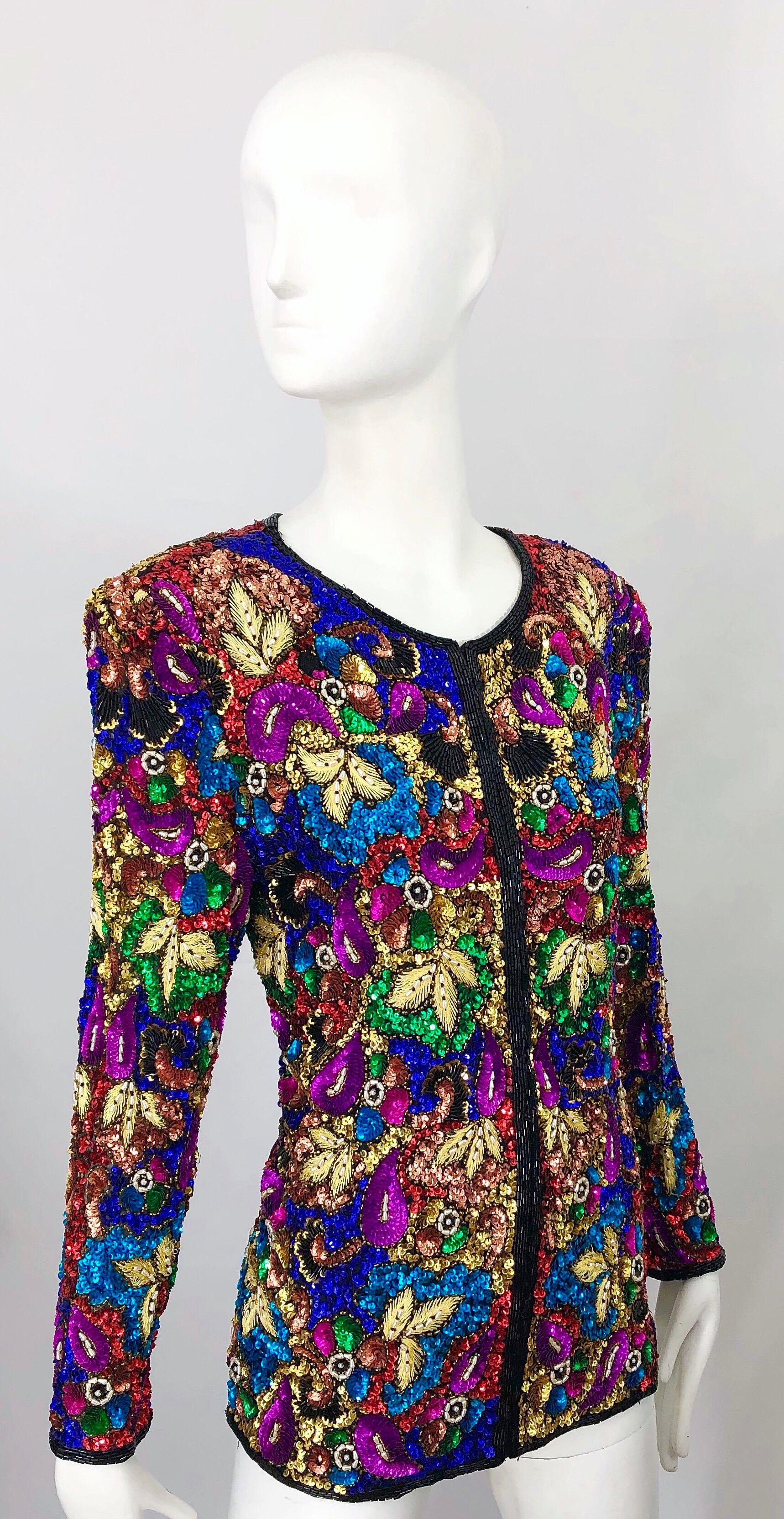 Swee Lo - Veste en soie vintage entièrement recouverte de sequins et de perles en verre, avec motif coloré façon vitraux, années 1990  en vente 6