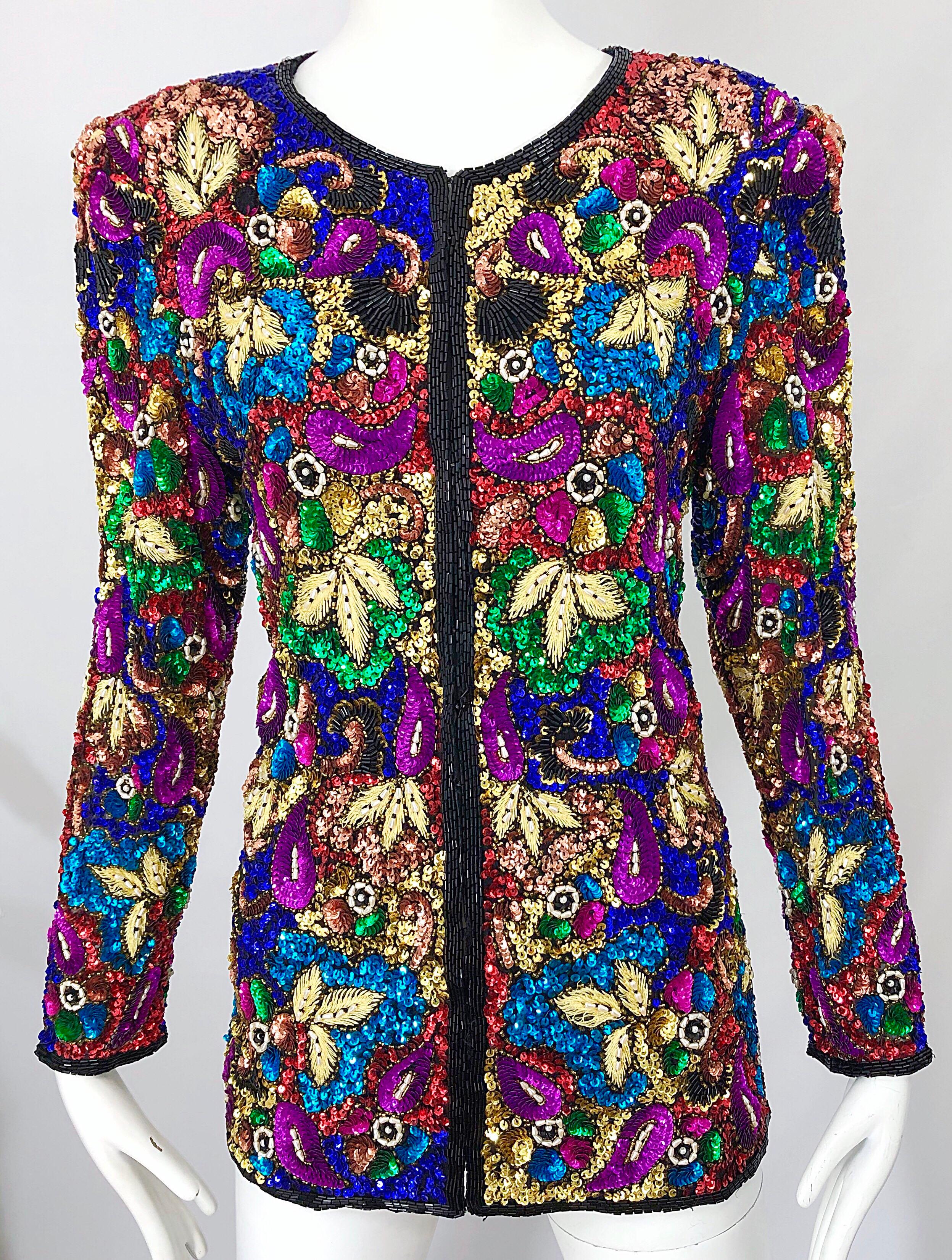 Vintage Swee Lo 1990s Fully Sequined Stained Glass Beaded Vintage Silk Jacket  For Sale 7