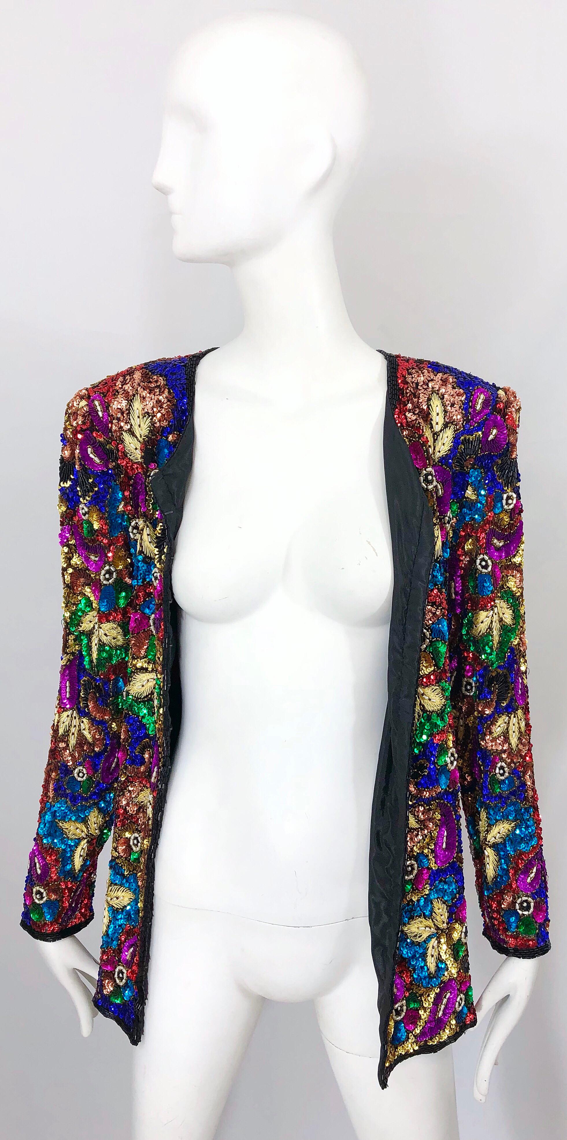 Swee Lo - Veste en soie vintage entièrement recouverte de sequins et de perles en verre, avec motif coloré façon vitraux, années 1990  en vente 2