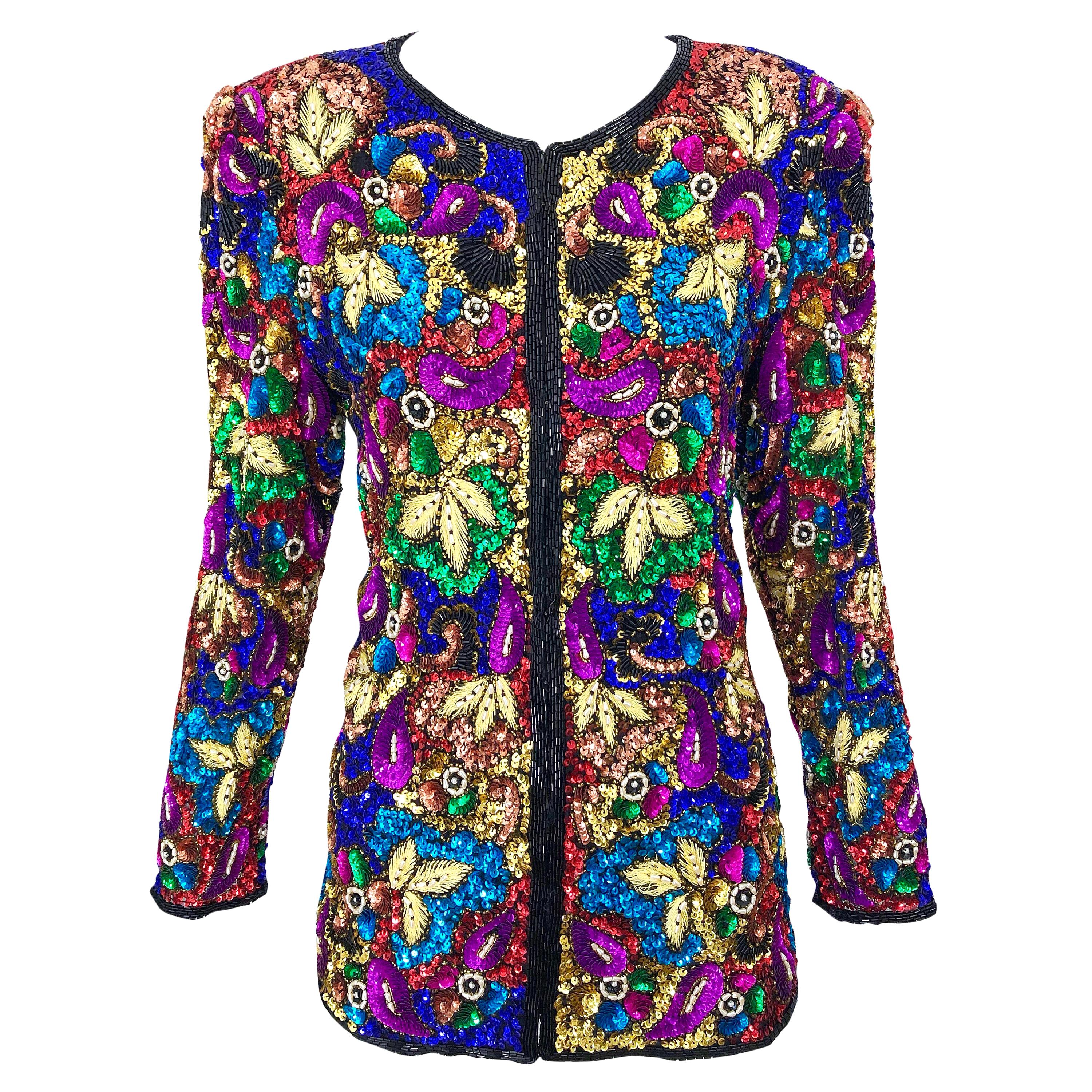 Vintage Swee Lo 1990s Fully Sequined Stained Glass Beaded Vintage Silk Jacket  For Sale