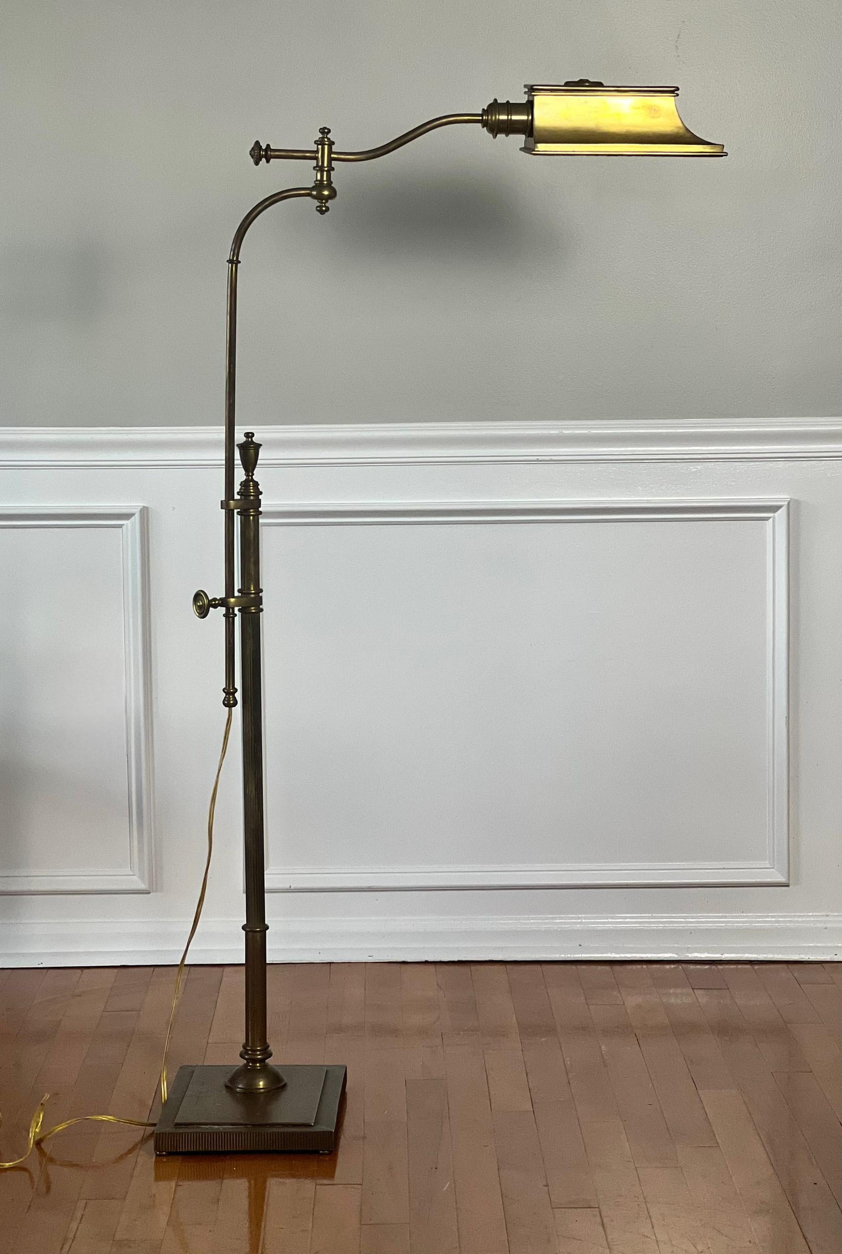 Vintage Swing Arm, Adjustable Height Brass Pharmacy Style Floor Lamp In Good Condition In Doylestown, PA