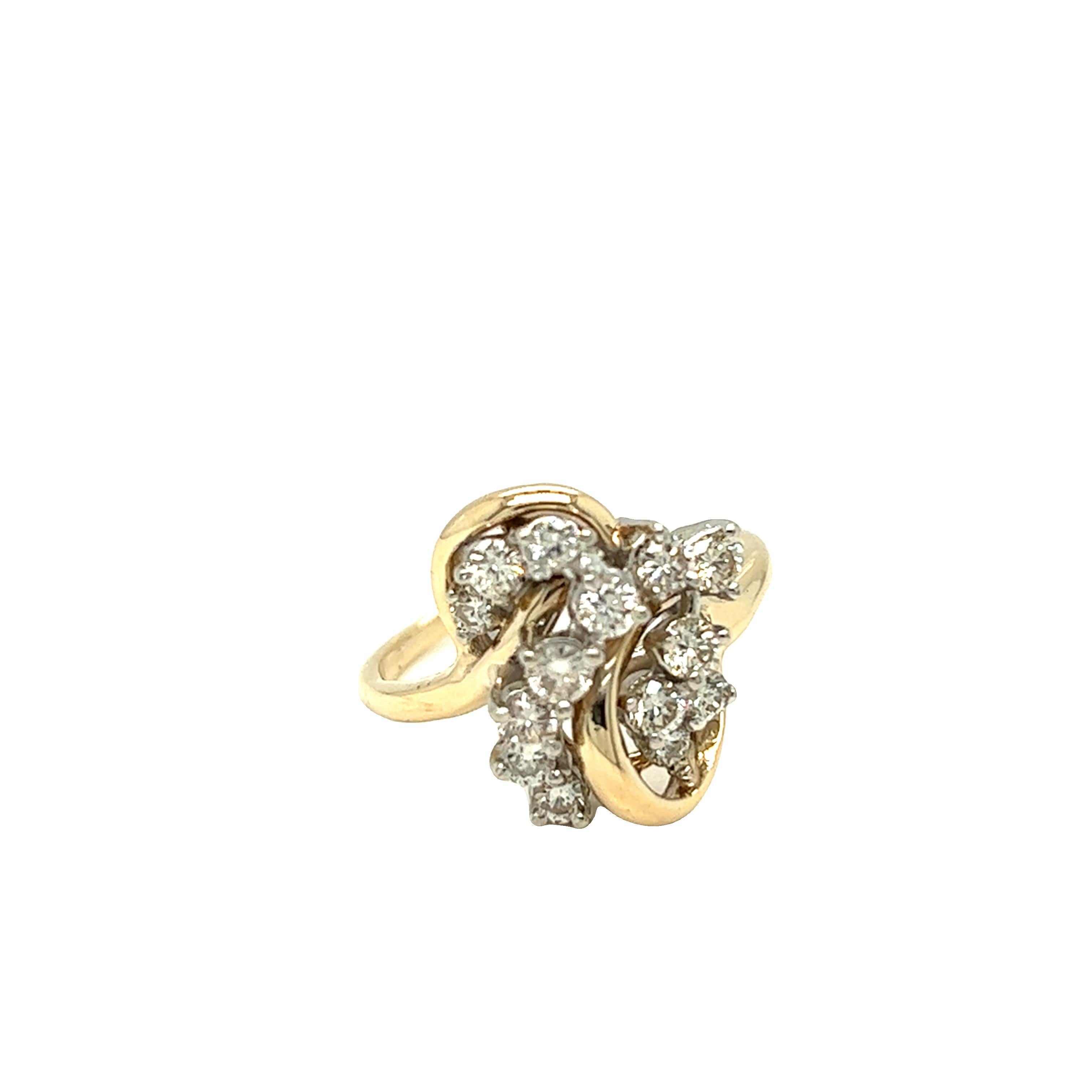 Vintage Swirl Cluster Diamond Ring 14k White and Yellow Gold For Sale 1