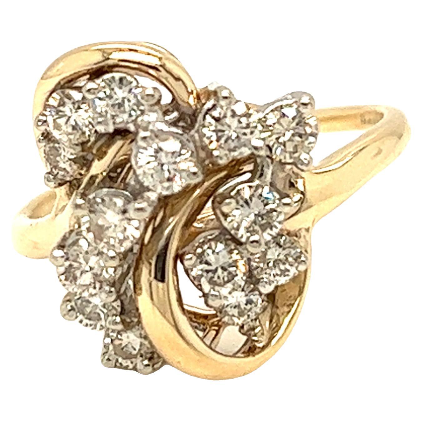 Vintage Swirl Cluster Diamond Ring 14k White and Yellow Gold For Sale