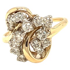 Bague vintage en or blanc et jaune 14 carats avec grappe de diamants tourbillonnants