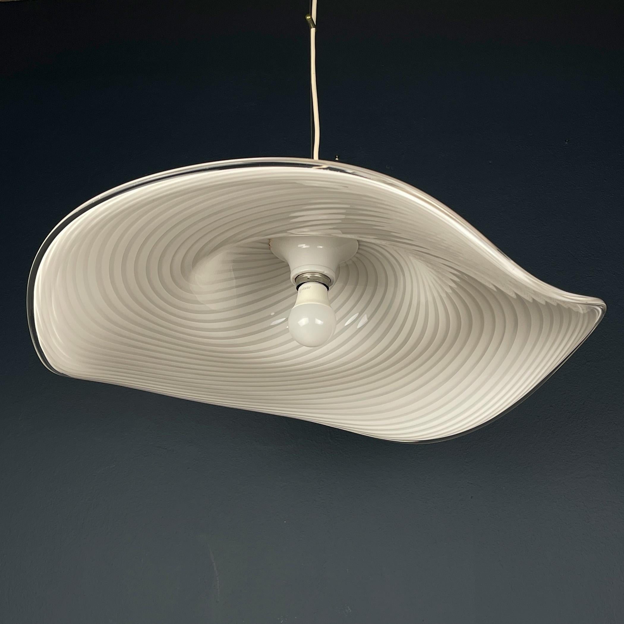 Mid-Century Modern Vintage swirl white murano glass pendant lamp Italy 1970s  For Sale