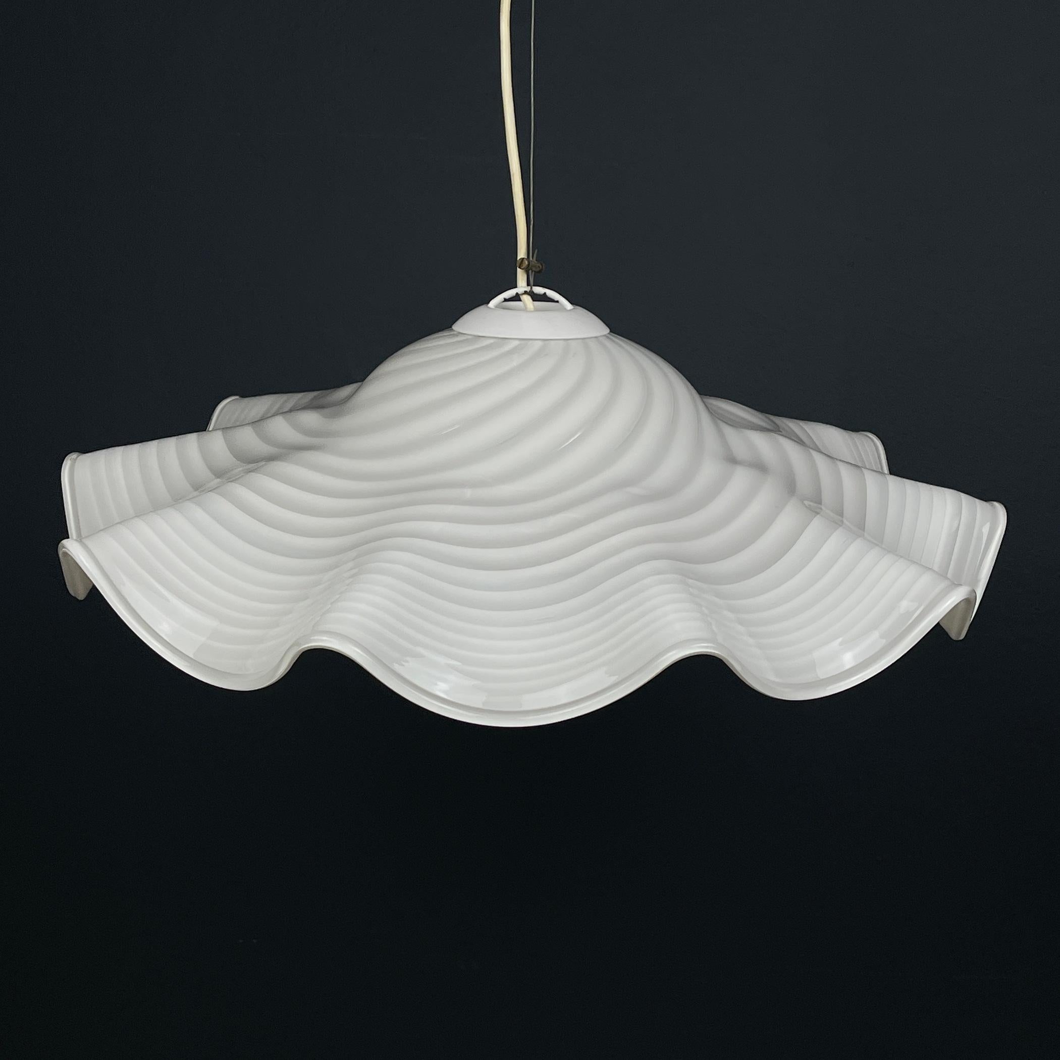 Italian Vintage swirl white murano glass pendant lamp Italy 1970s  For Sale