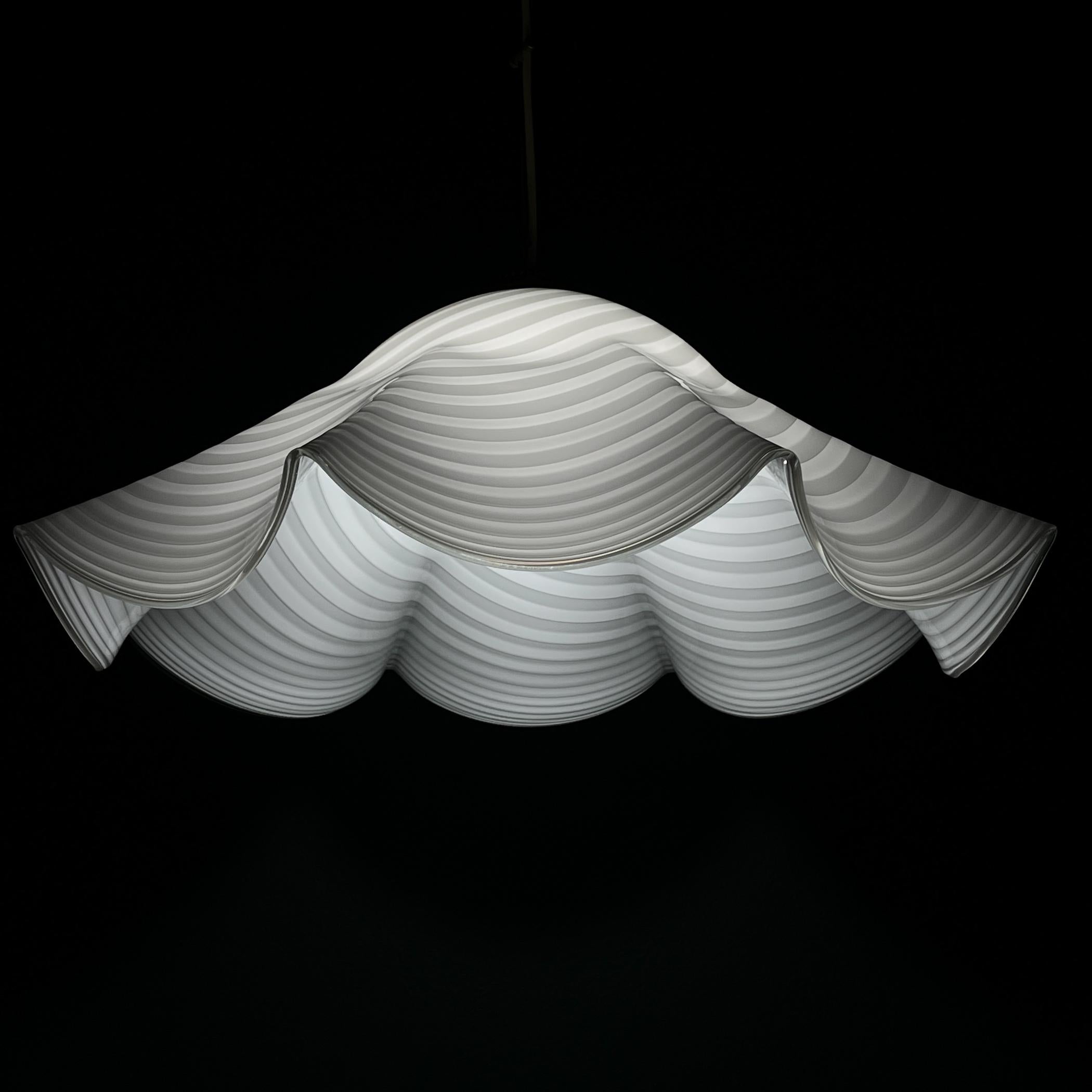 Italian Vintage swirl white Murano glass pendant lamp, Italy 1970s For Sale