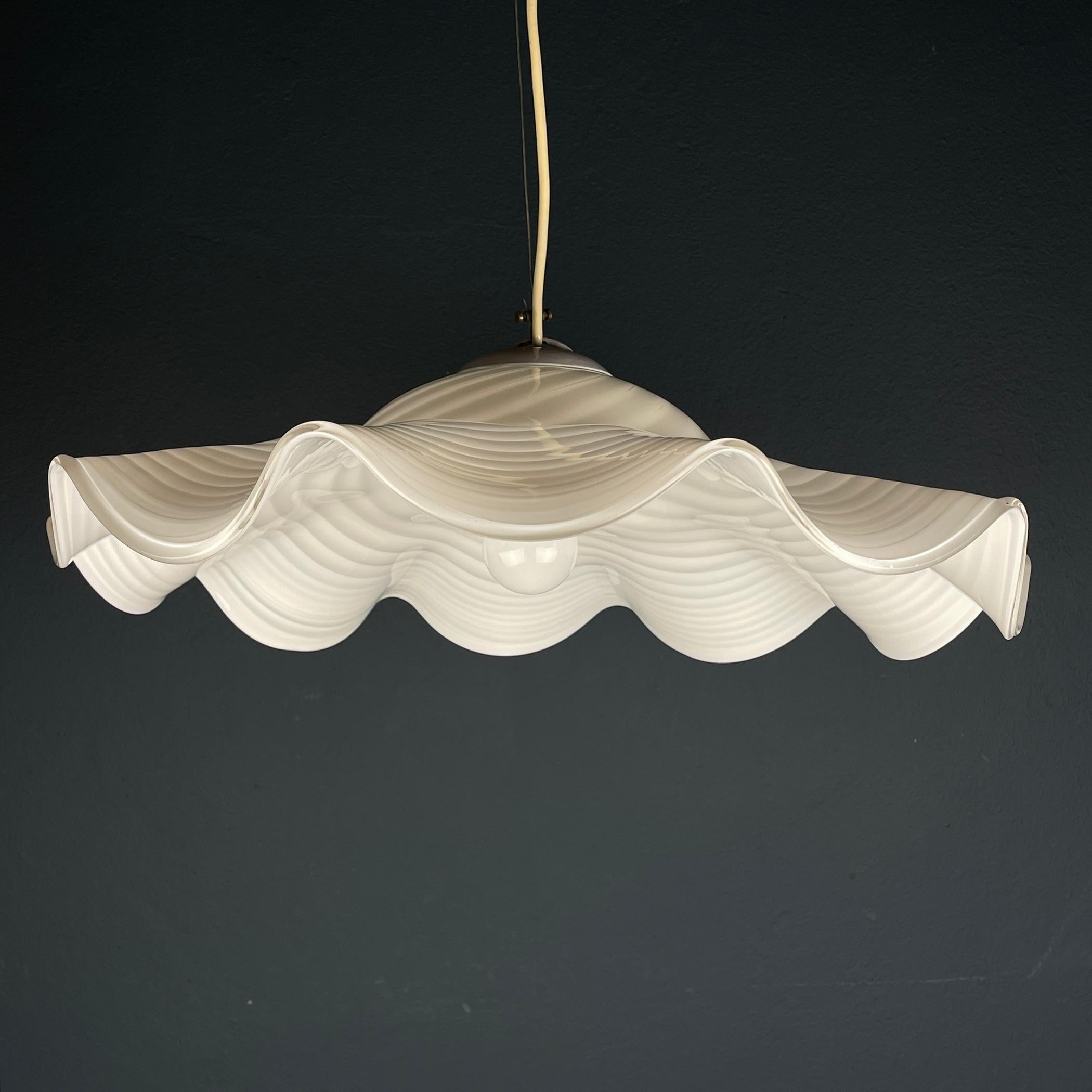 Murano Glass Vintage swirl white murano glass pendant lamp Italy 1970s  For Sale