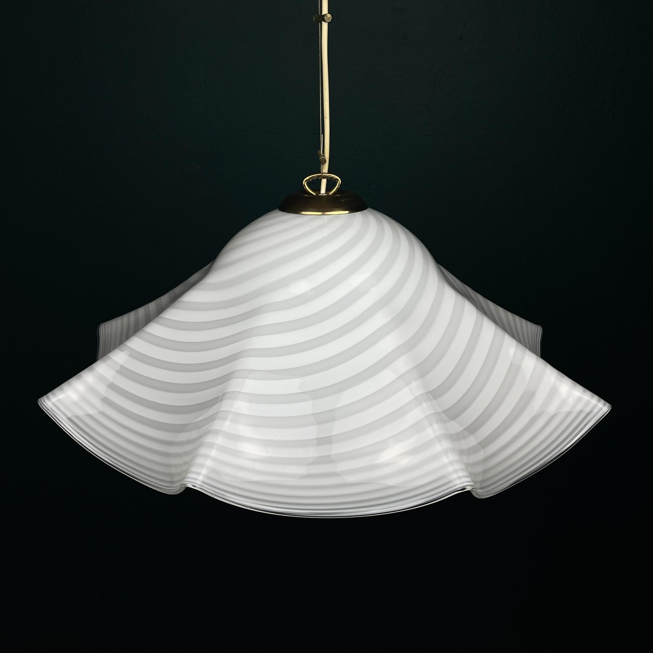 Murano Glass Vintage swirl white Murano glass pendant lamp, Italy 1970s For Sale