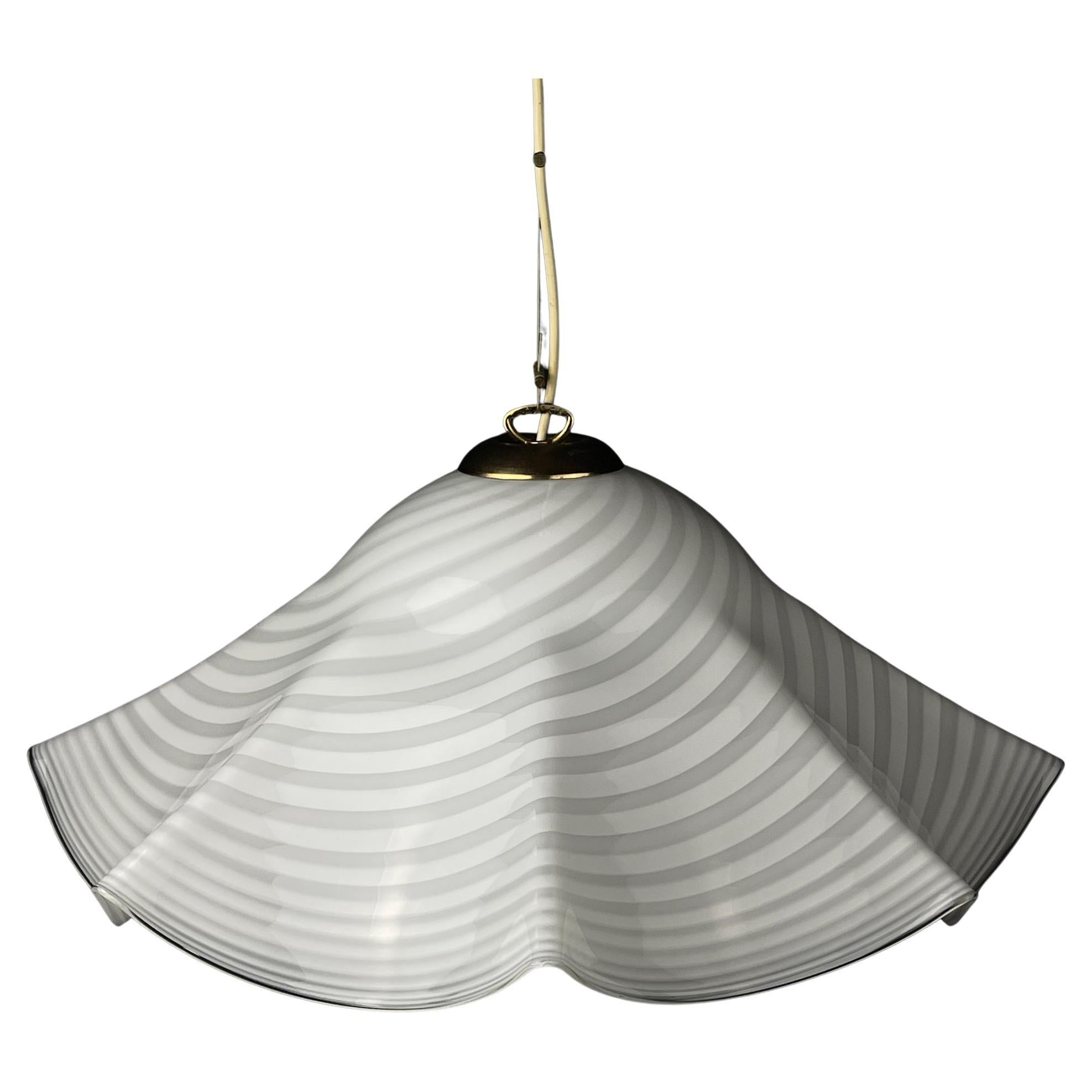 Vintage swirl white Murano glass pendant lamp, Italy 1970s