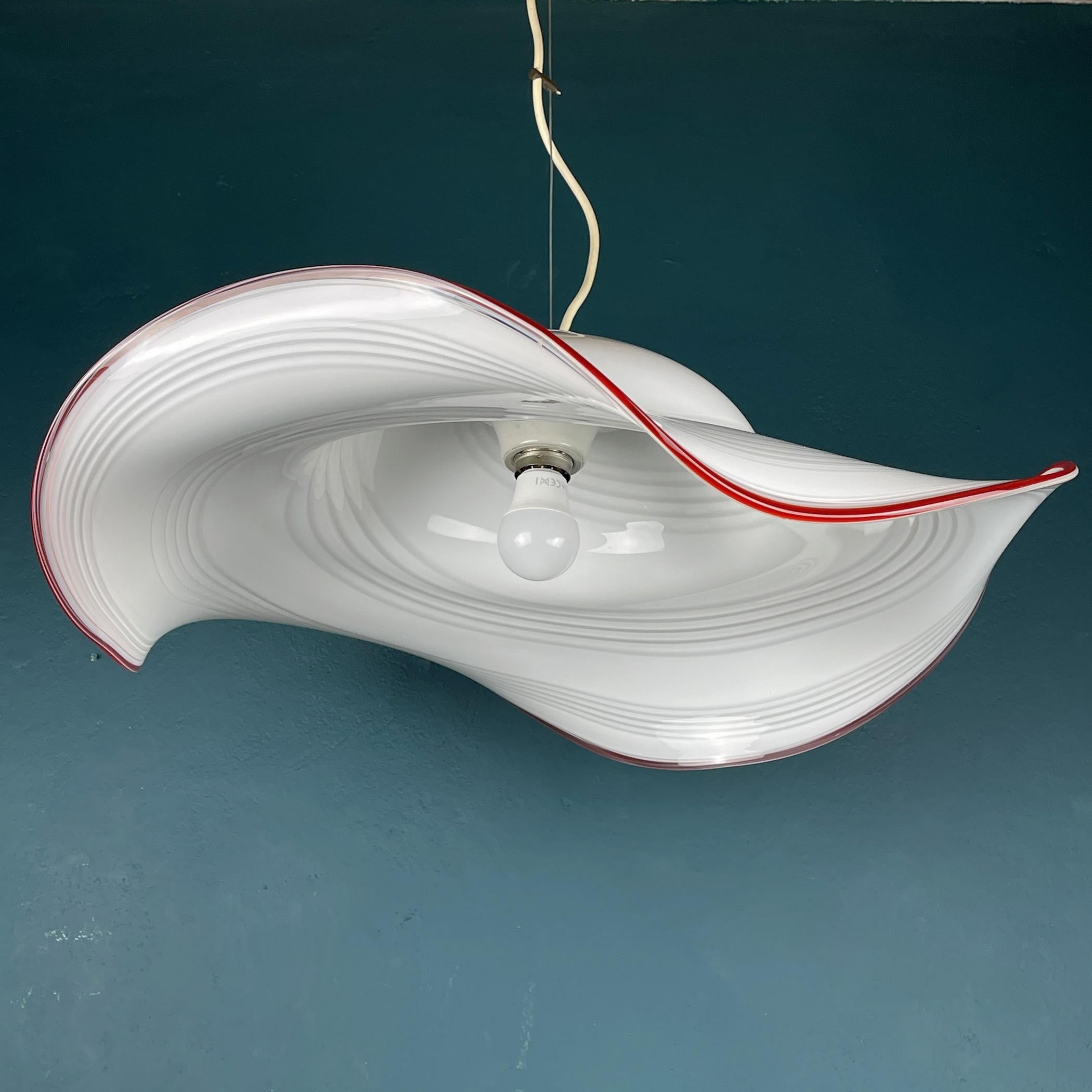 Vintage Swirl White Red Murano Glass Pendant Lamp, Italy, 1970s For Sale 4