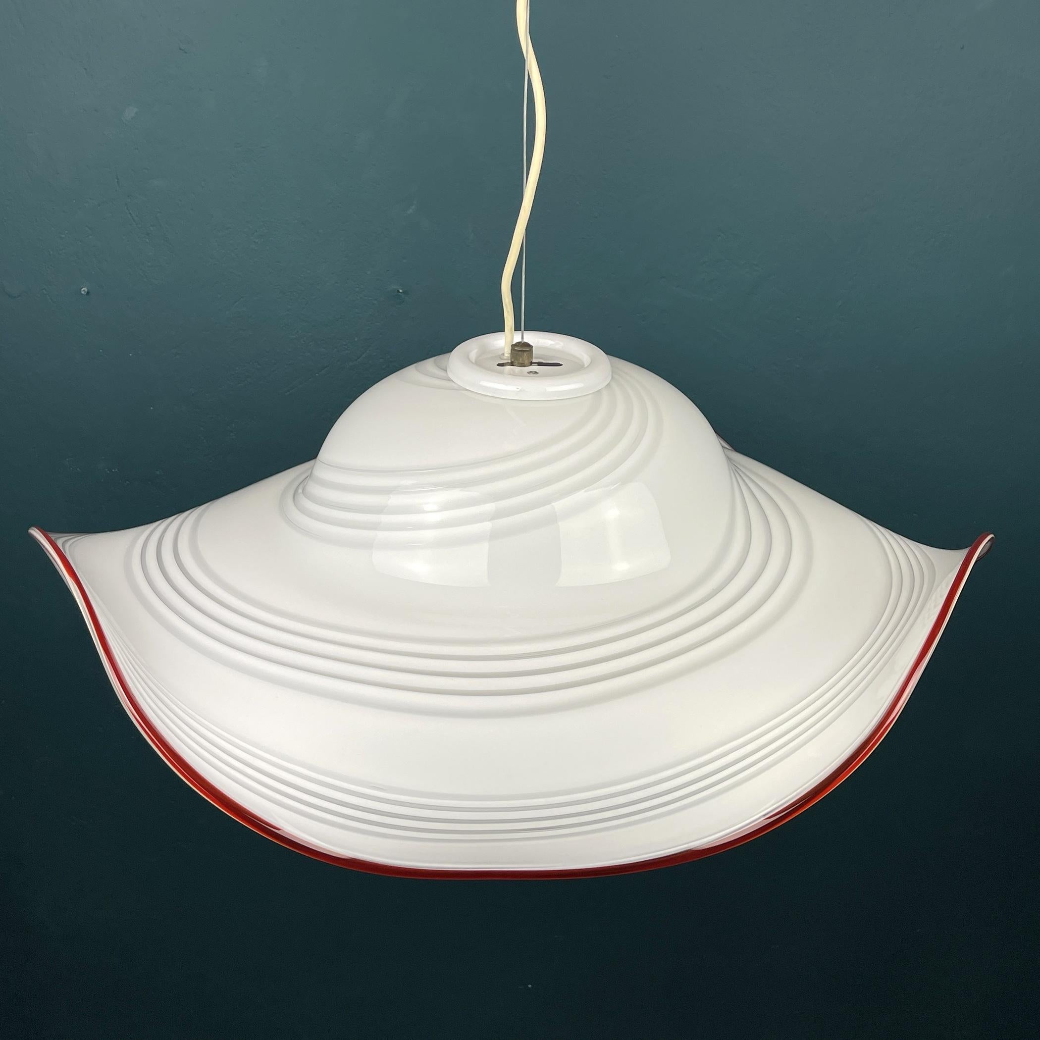 Vintage Swirl White Red Murano Glass Pendant Lamp, Italy, 1970s For Sale 5