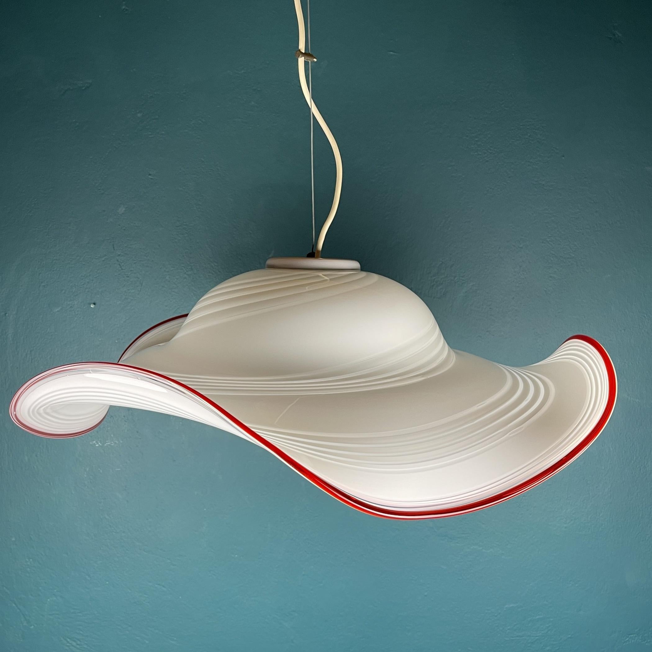 Vintage Swirl White Red Murano Glass Pendant Lamp, Italy, 1970s For Sale 6