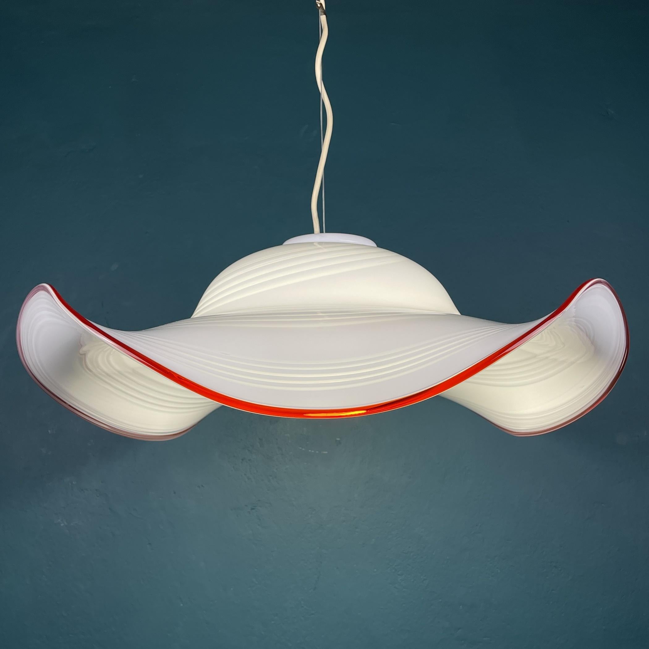 Mid-Century Modern Vintage Swirl White Red Murano Glass Pendant Lamp, Italy, 1970s For Sale
