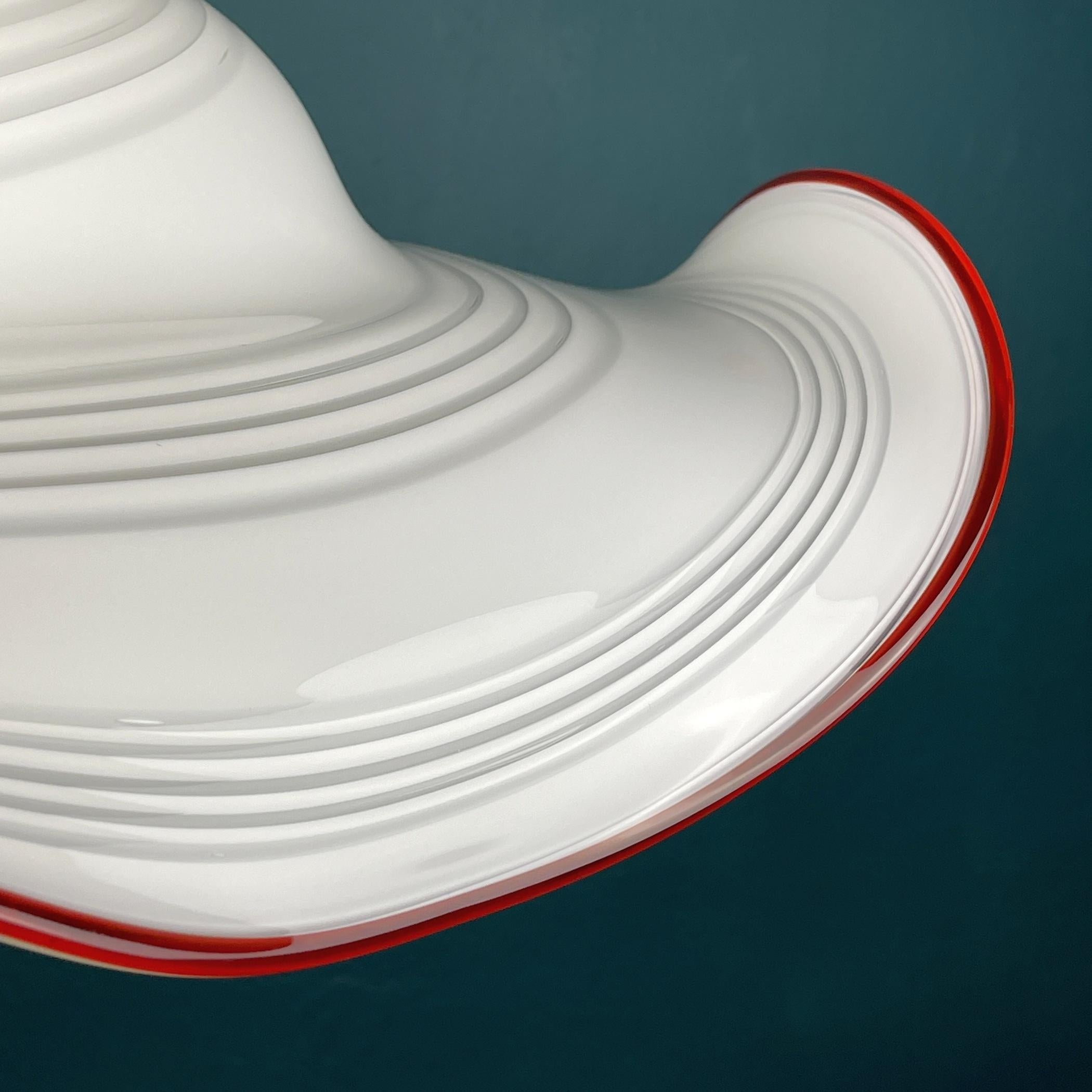 Italian Vintage Swirl White Red Murano Glass Pendant Lamp, Italy, 1970s For Sale