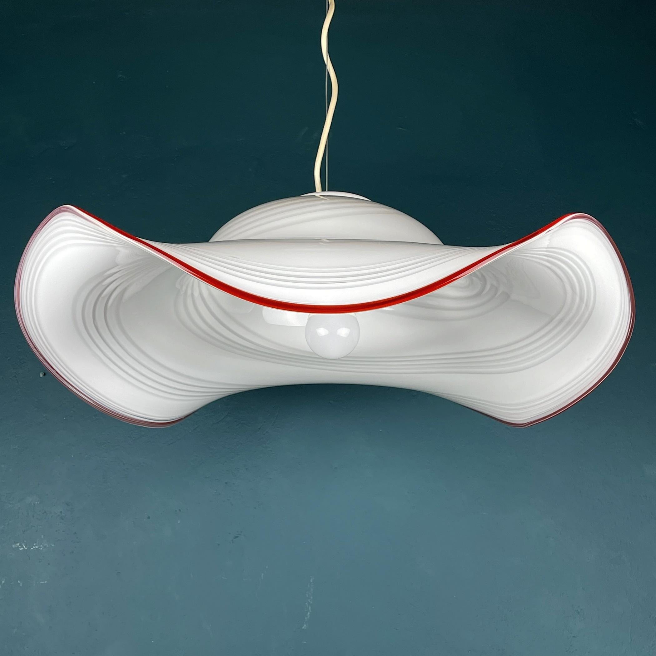 20th Century Vintage Swirl White Red Murano Glass Pendant Lamp, Italy, 1970s For Sale