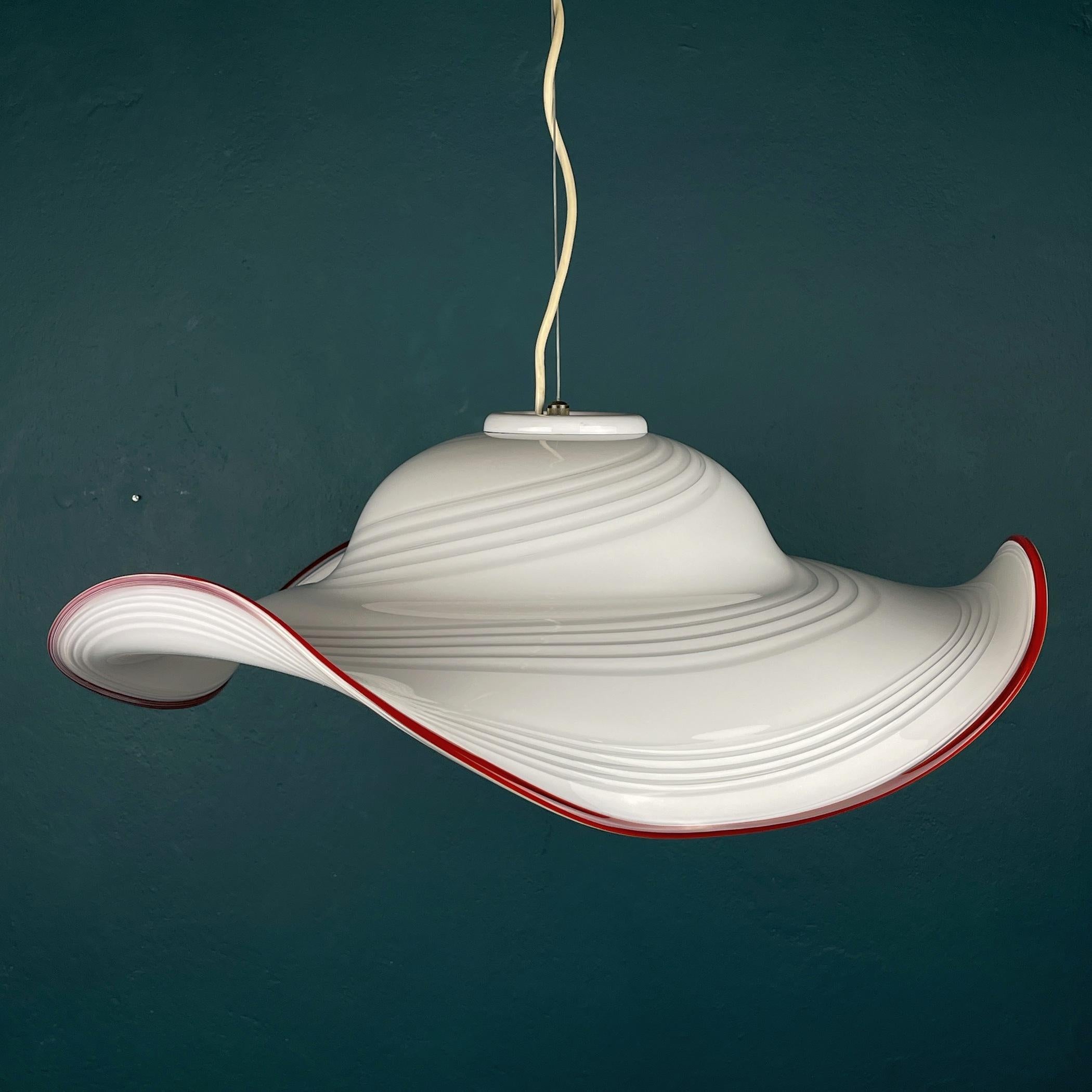 Vintage Swirl White Red Murano Glass Pendant Lamp, Italy, 1970s For Sale 1