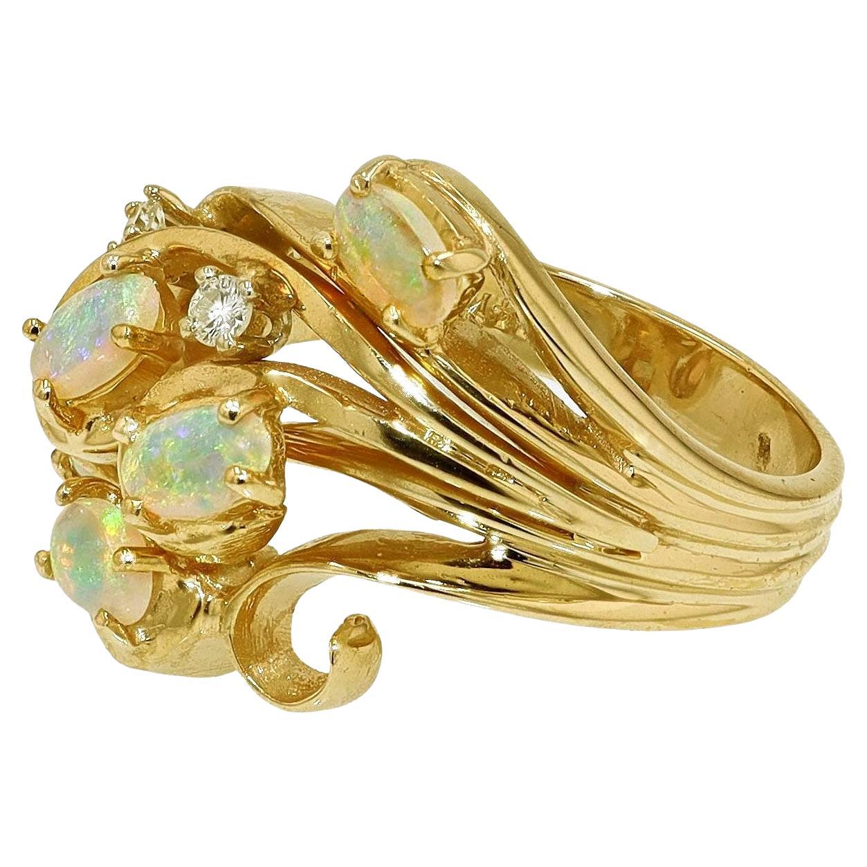 Vintage Swirling Opal & Diamond Cocktail Ring For Sale