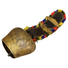 Antique Swiss Alpine Cattle Bell with Decorated Leather Strap, circa 1930s