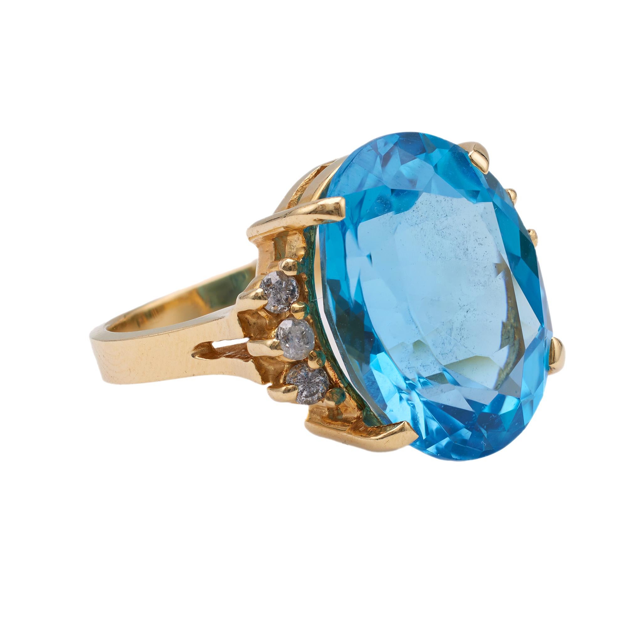 Women's or Men's Vintage Swiss Blue Topaz Diamond 14k Yellow Gold Ring