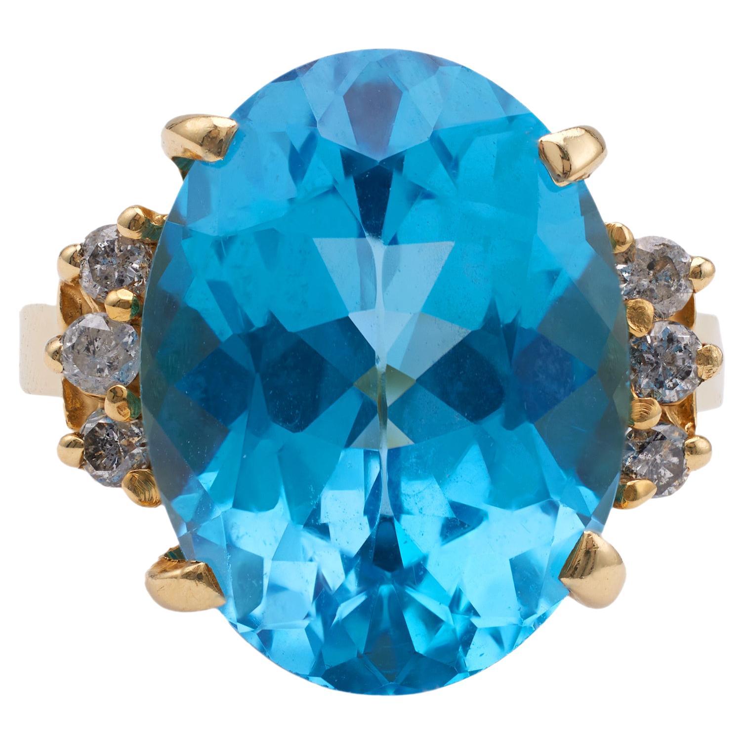 Vintage Swiss Blue Topaz Diamond 14k Yellow Gold Ring