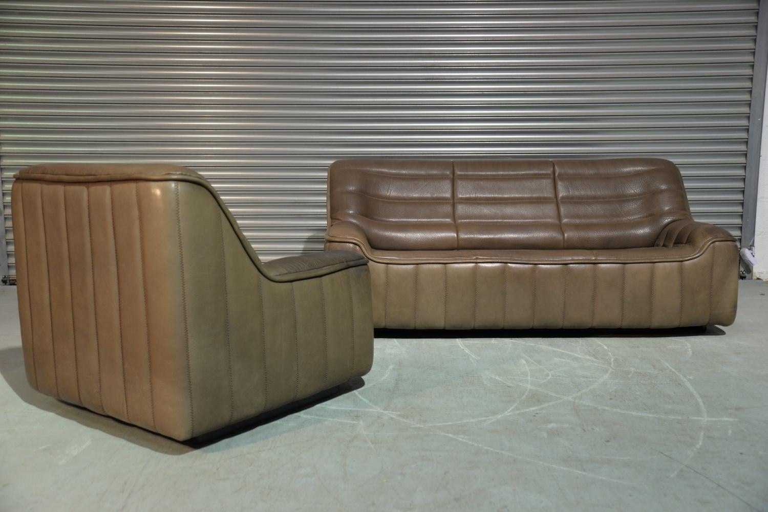 Discounted airfreight for our US and International customers (from 2 weeks door to door)

An ultra rare vintage De Sede DS 84 3-seat sofa and matching armchair. Hand built in the 1970s by de Sede craftsman in Switzerland, these pieces are