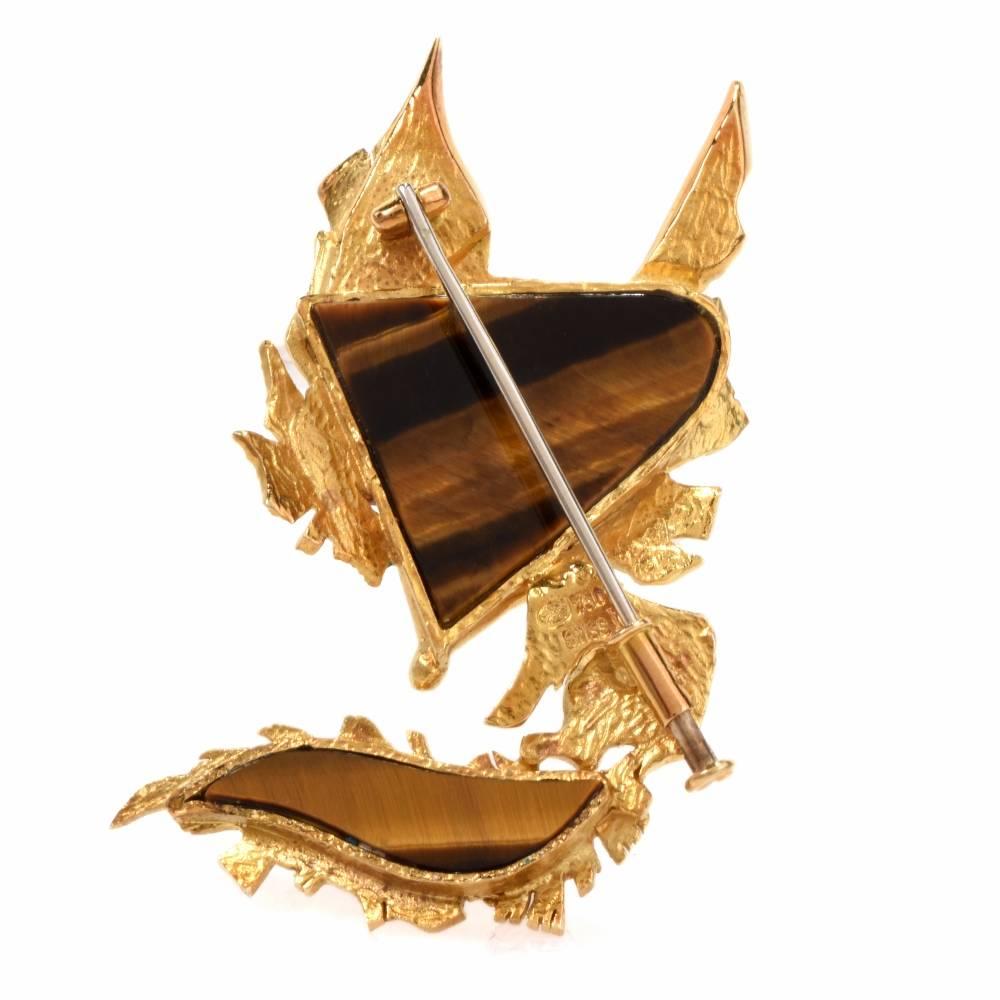 Artisan Vintage Swiss Gubelin Textured 18 Karat Gold Tiger-Eye Ruby Fox Pin Brooch