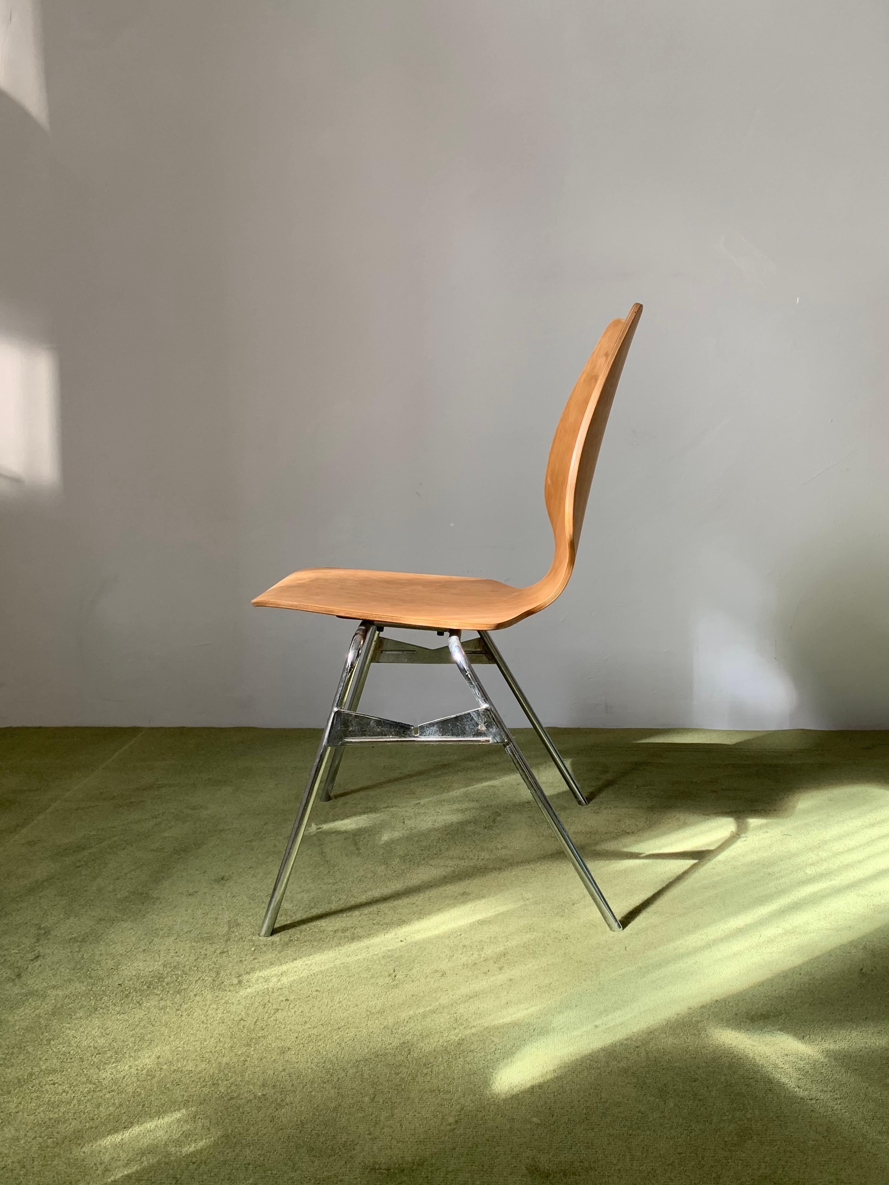 Steel Vintage Swiss Industrial  Design Plywood Stacking Chair by Horgen Glarus 1960's For Sale