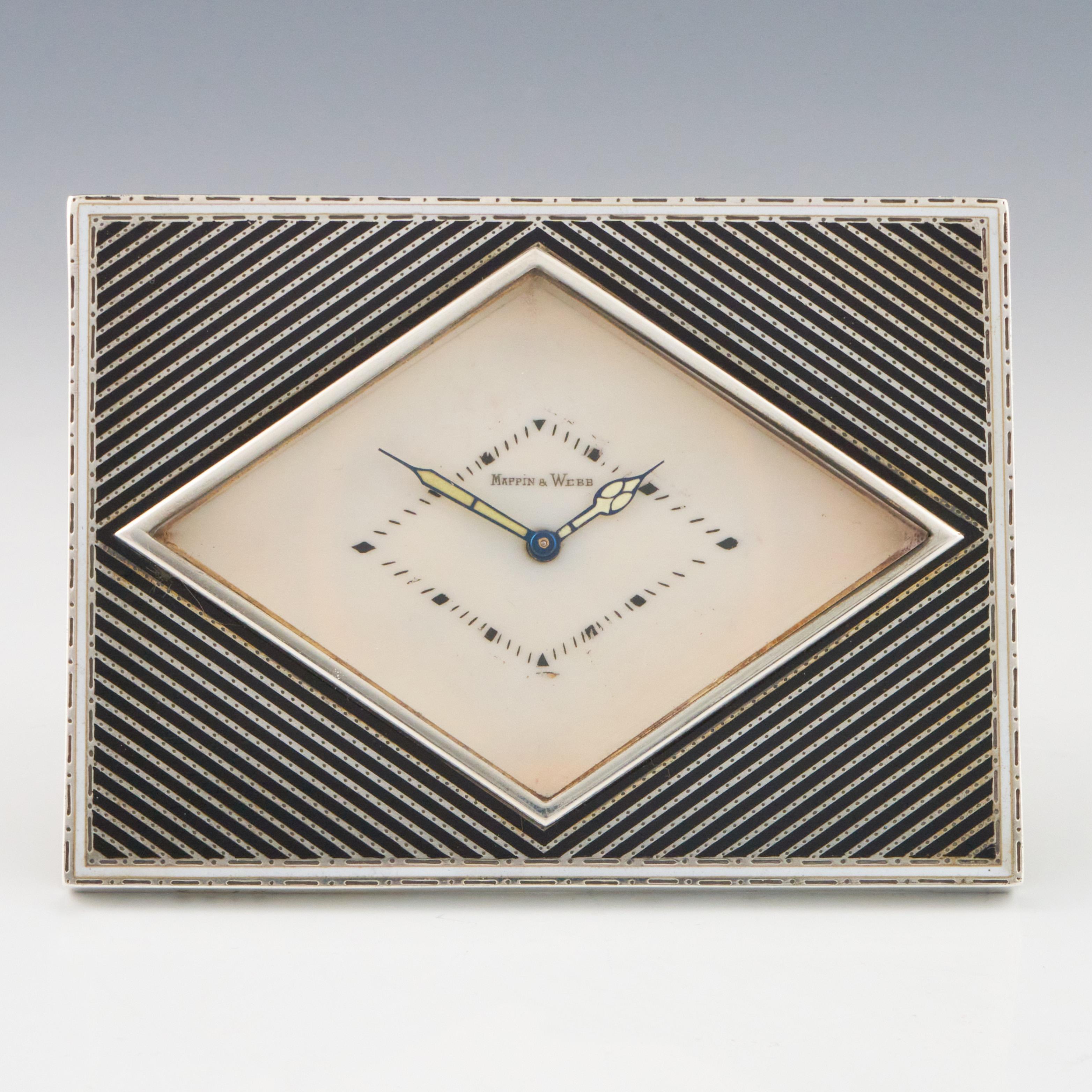 Vintage Swiss Made Art Deco Desk Clock Retailed by Mappin & Webb In Good Condition In Forest Row, East Sussex
