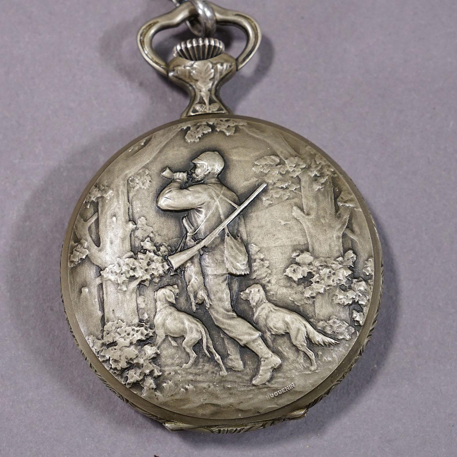 Folk Art Vintage Swiss Made Comtoise Pocket Watch with Hunters Motives For Sale