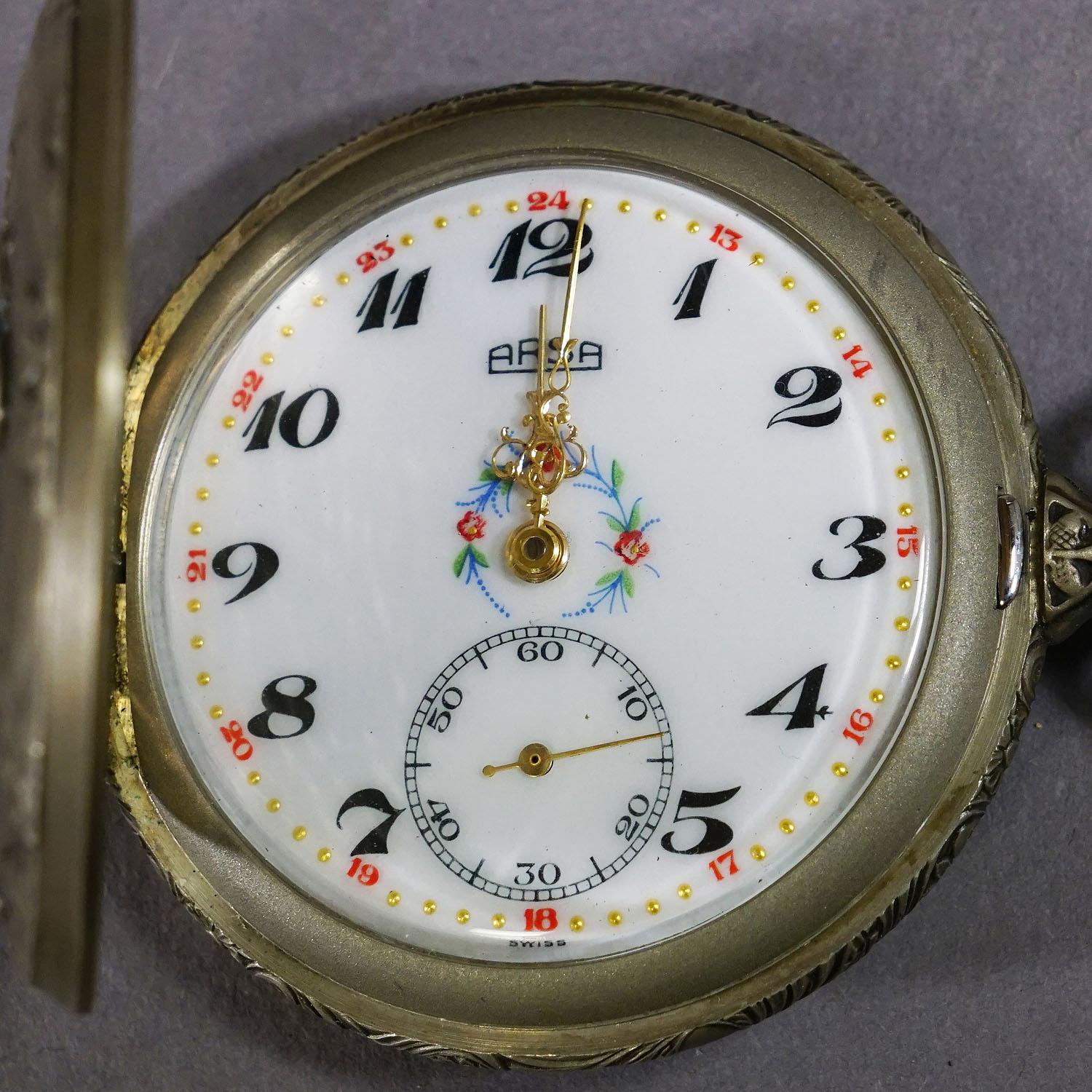 20th Century Vintage Swiss Made Comtoise Pocket Watch with Hunters Motives For Sale