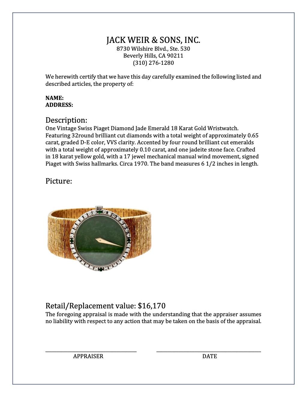 Vintage Swiss Piaget Diamond Jade Emerald 18 Karat Gold Wristwatch In Excellent Condition In Beverly Hills, CA
