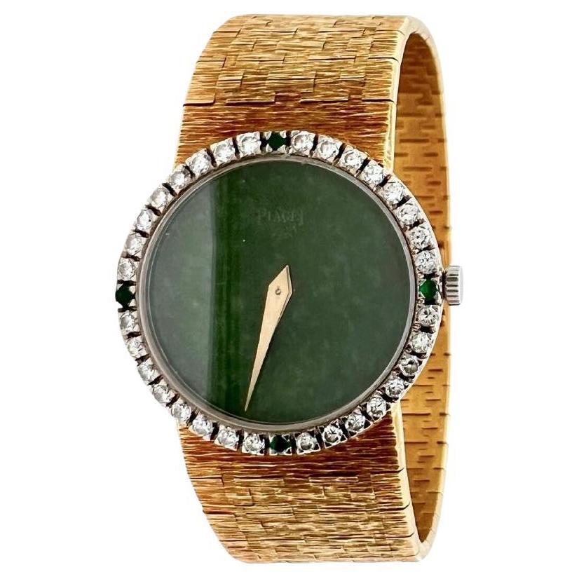 Vintage Swiss Piaget Diamond Jade Emerald 18 Karat Gold Wristwatch