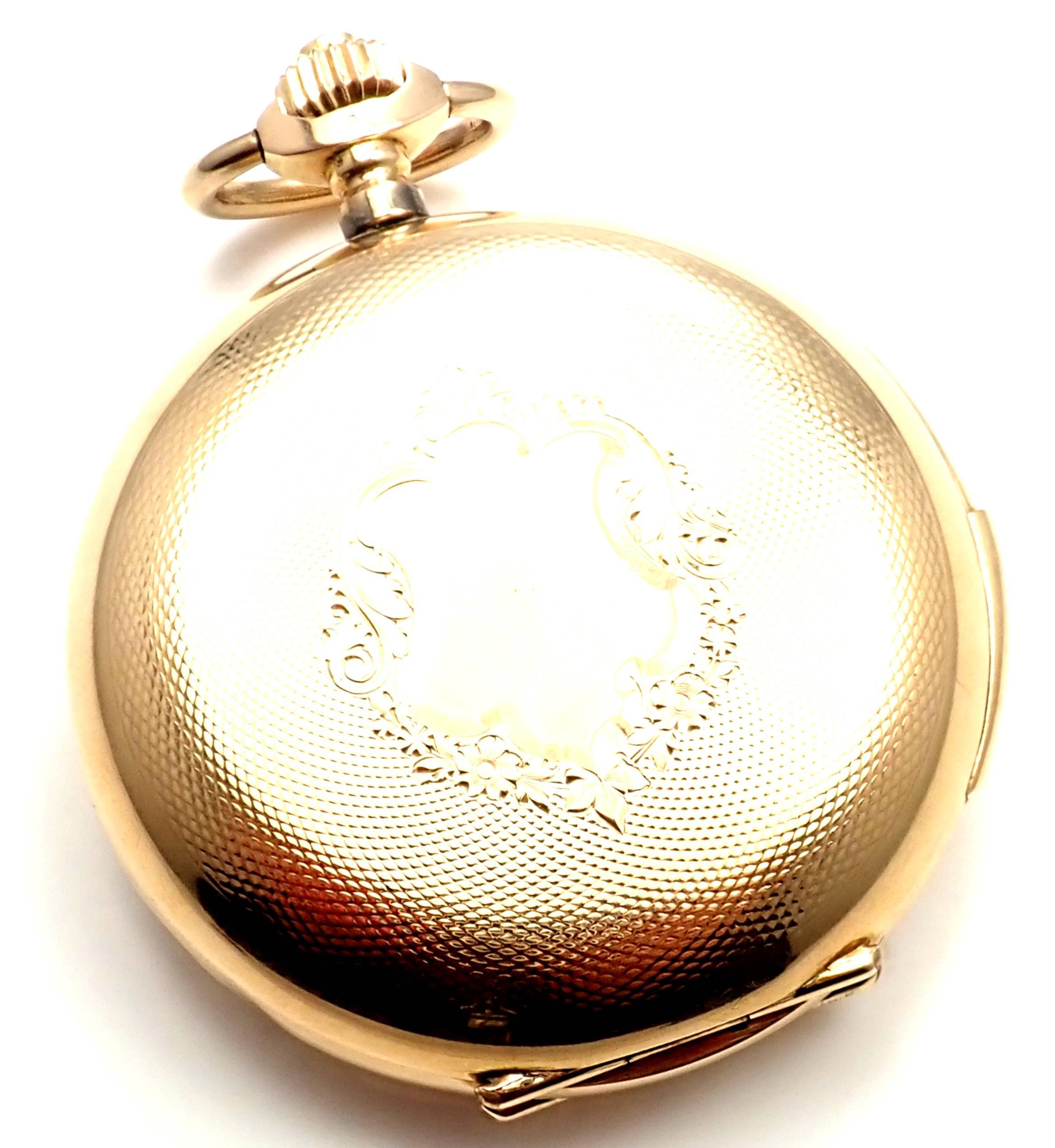 14k yellow gold hunting cased quarter repeater Swiss large 51mm pocket watch. 
This watch works great, fully functional. 
Case Size: 51mm
Weight: 93.9 grams
Dial: White Enamel
Movement: Quarter repeater
Stamped: 0.585 90851 51 High Grade