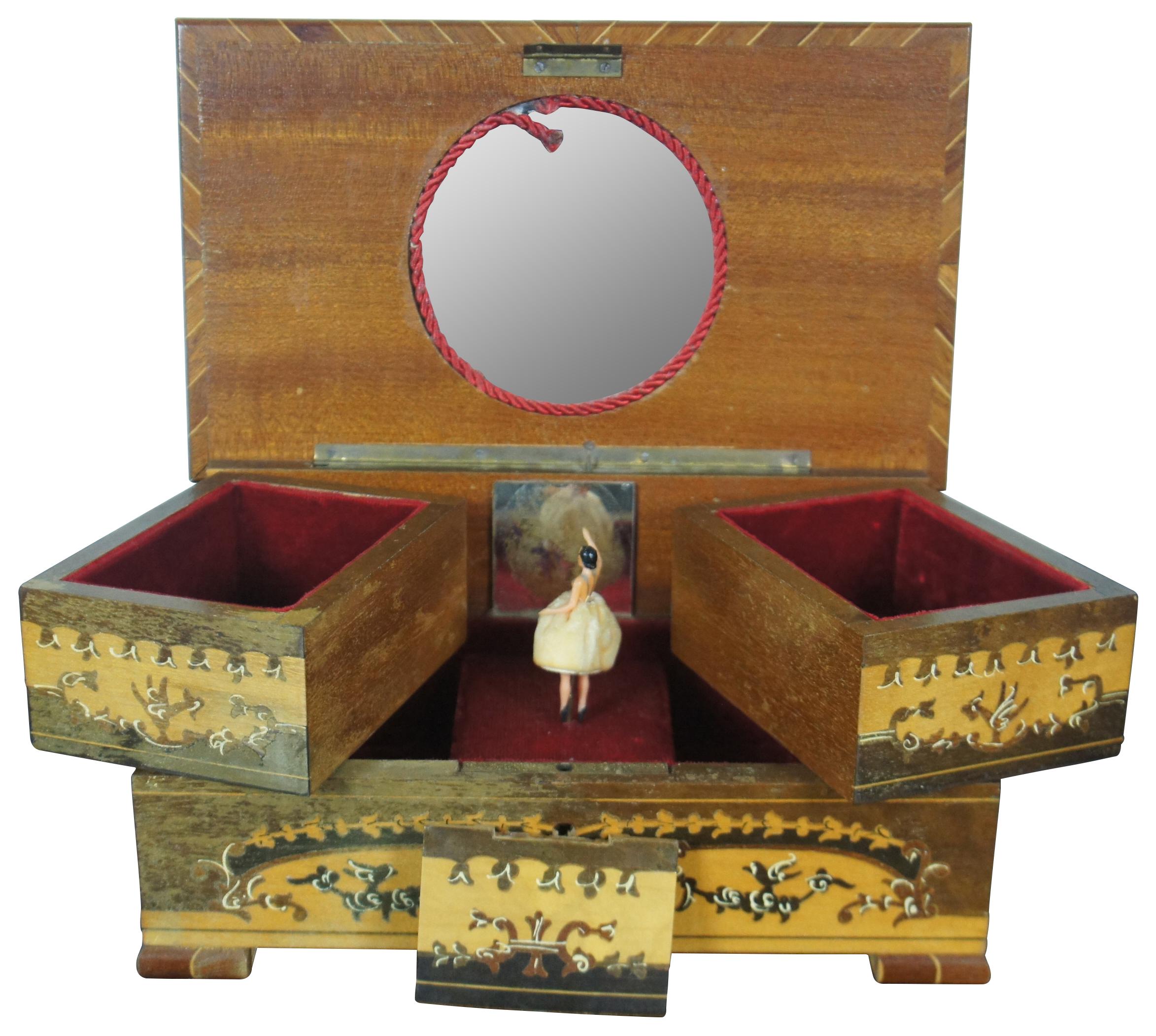 Mid-Century Modern Vintage Swiss Reuge Italian Marquetry Music Jewelry Box Dancing Ballerina