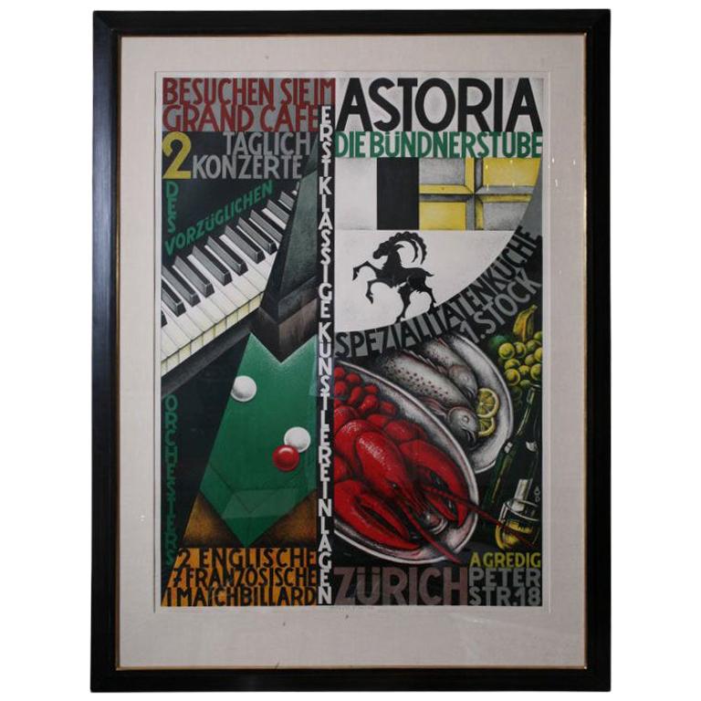 Vintage Swiss Stone Lithographic Poster Custom Framed "Astoria" For Sale