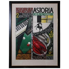 Vintage Swiss Stone Lithographic Poster Custom Framed "Astoria"