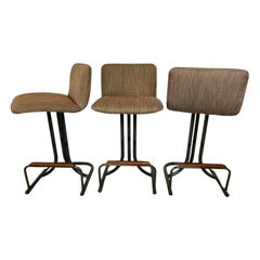 Vintage Swivel Bar Stools MCM Black Chrome Upholstered, Set of 3