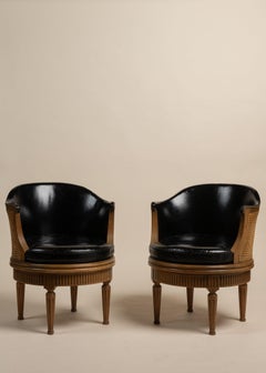 Vintage Swivel Barrel Armchairs, with Cane, Mahogany & Leather, Baker Furniture