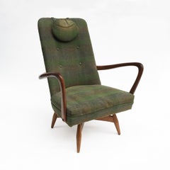 Mid-Century Modern Swivel Teak Vintage Armchair with Green Tartan, 1950s wing