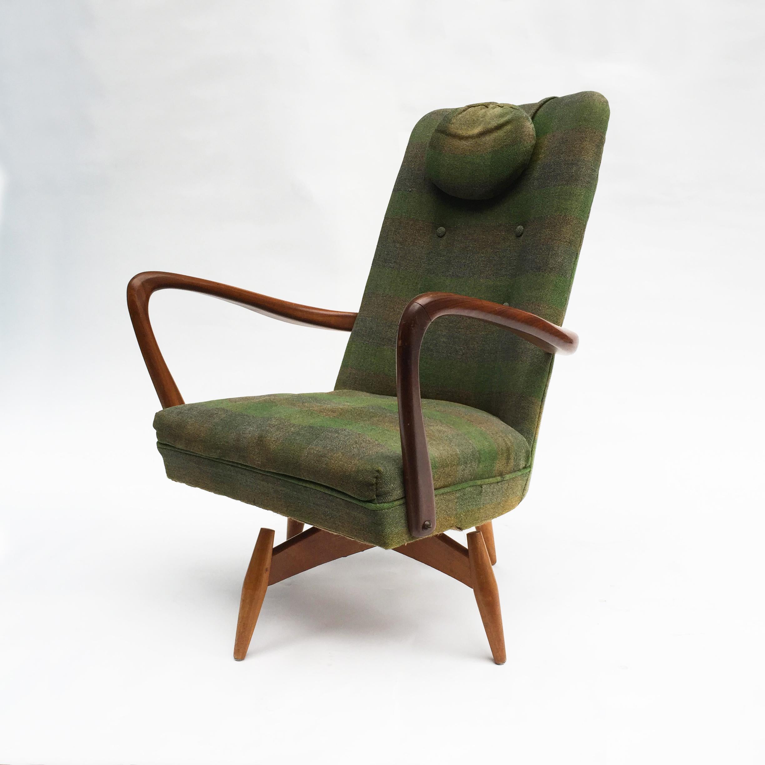 Danish Mid-Century Modern Swivel Teak Vintage Armchair with Green Tartan, 1950s wing For Sale