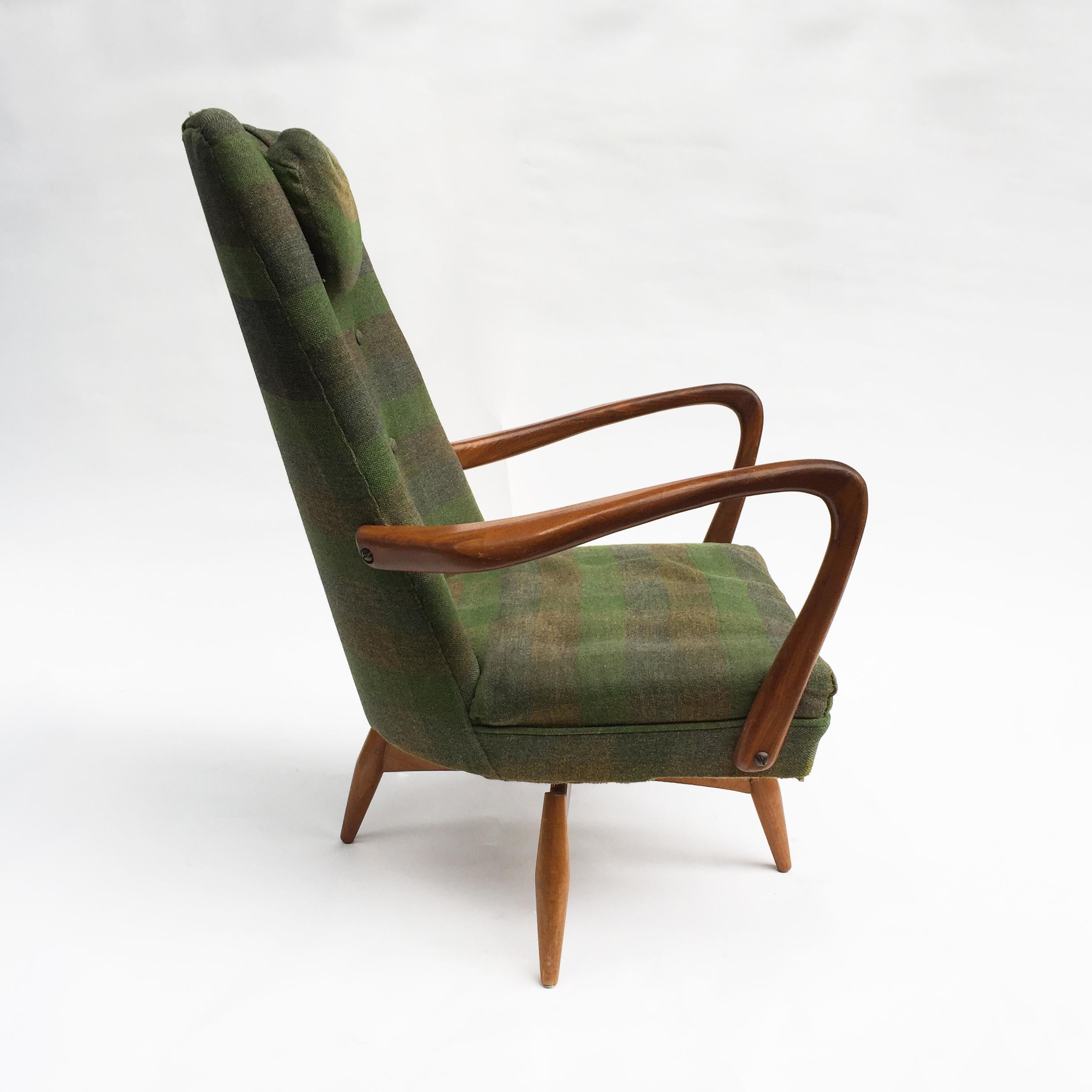 Mid-20th Century Mid-Century Modern Swivel Teak Vintage Armchair with Green Tartan, 1950s wing For Sale