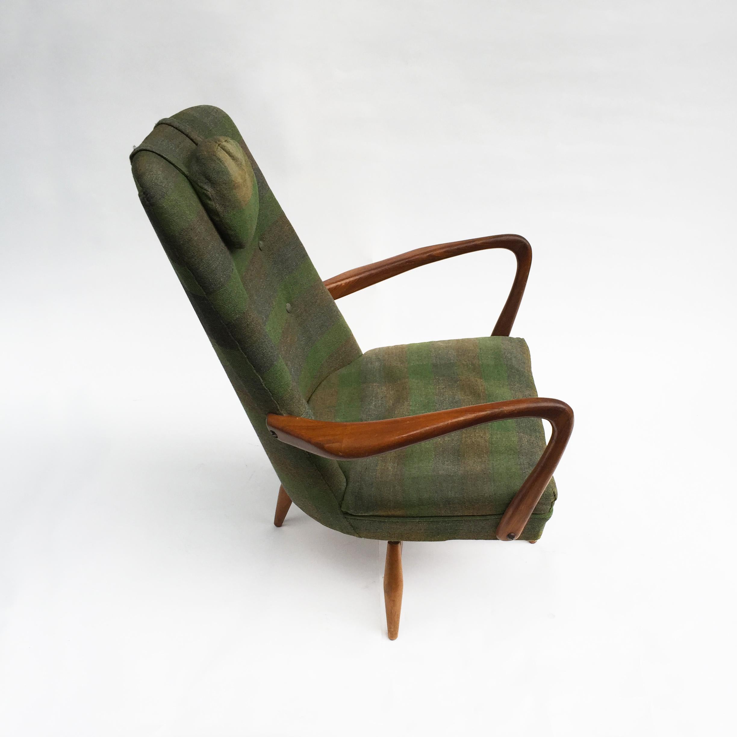 Fabric Mid-Century Modern Swivel Teak Vintage Armchair with Green Tartan, 1950s wing For Sale