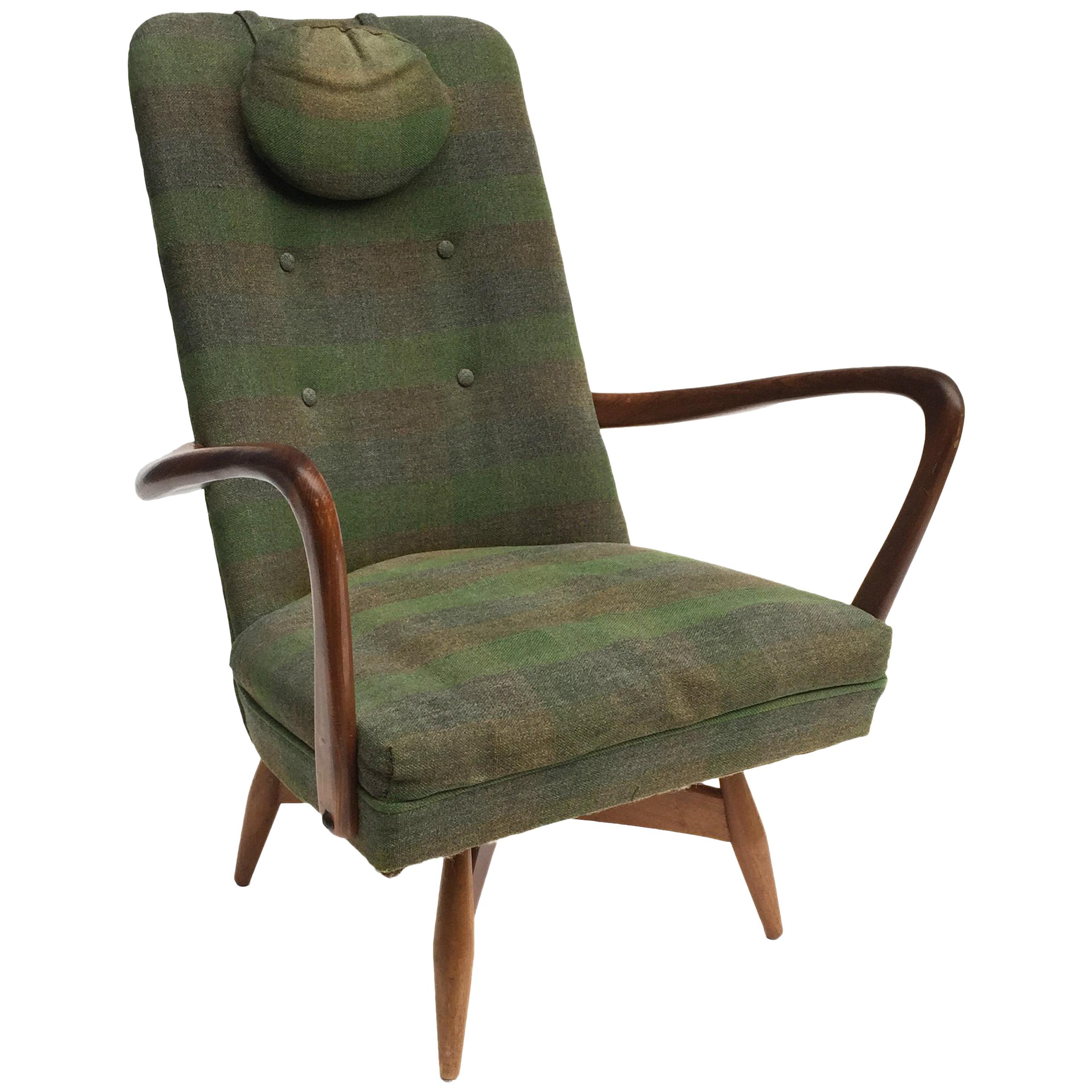 Mid-Century Modern Swivel Teak Vintage Armchair with Green Tartan, 1950s wing For Sale