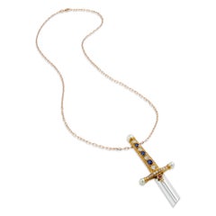 Vintage Sword Burma Sapphire Diamonds Pearls 18k
