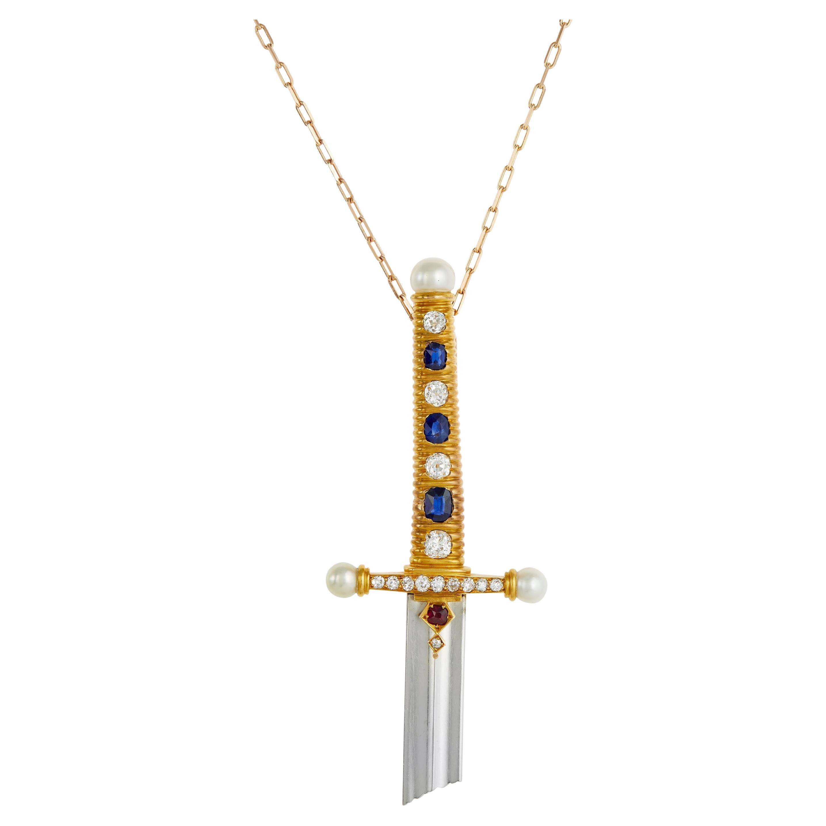 Vintage Sword Burma Sapphire Diamonds Pearls 18k For Sale