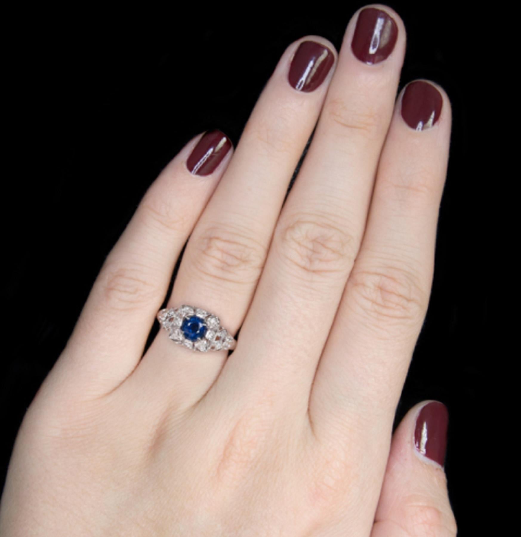 Art Deco Blue Sapphire Diamond Millgrain Solitaire Ring