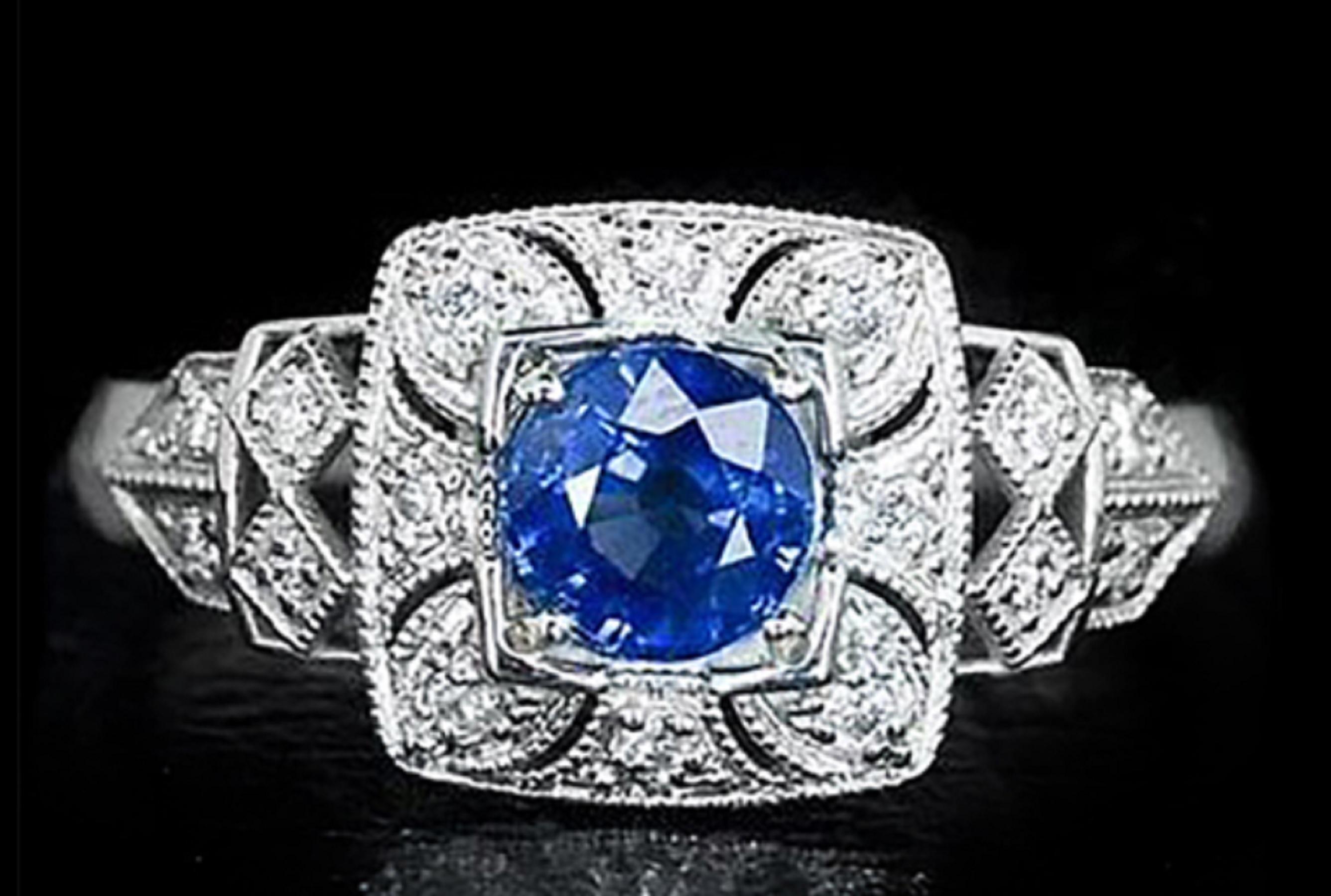 Round Cut Blue Sapphire Diamond Millgrain Solitaire Ring