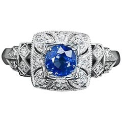 Blue Sapphire Diamond Millgrain Solitaire Ring