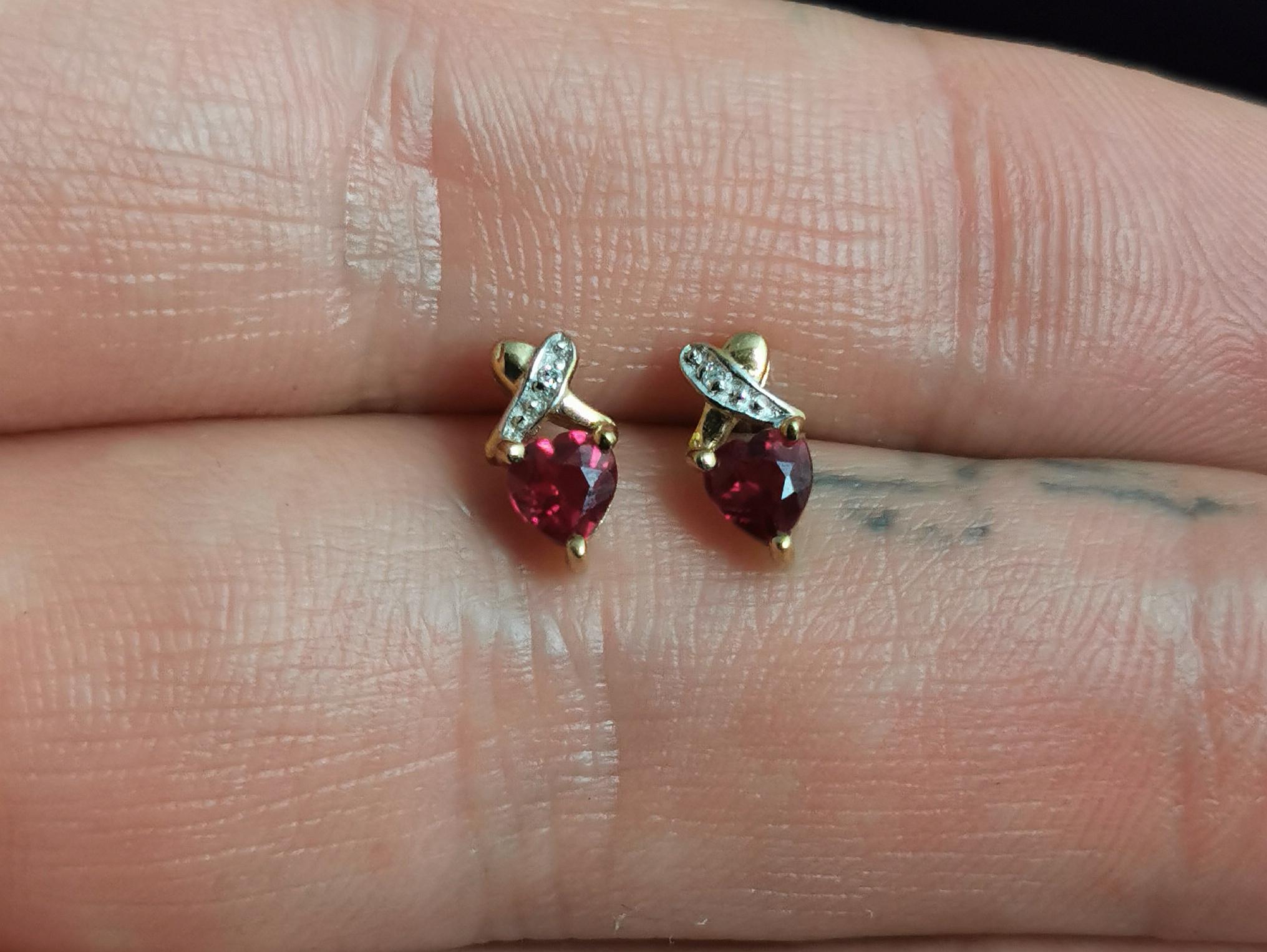 Vintage Synthetic Ruby and Diamond Heart Earrings, Studs, 9 Karat Gold  4